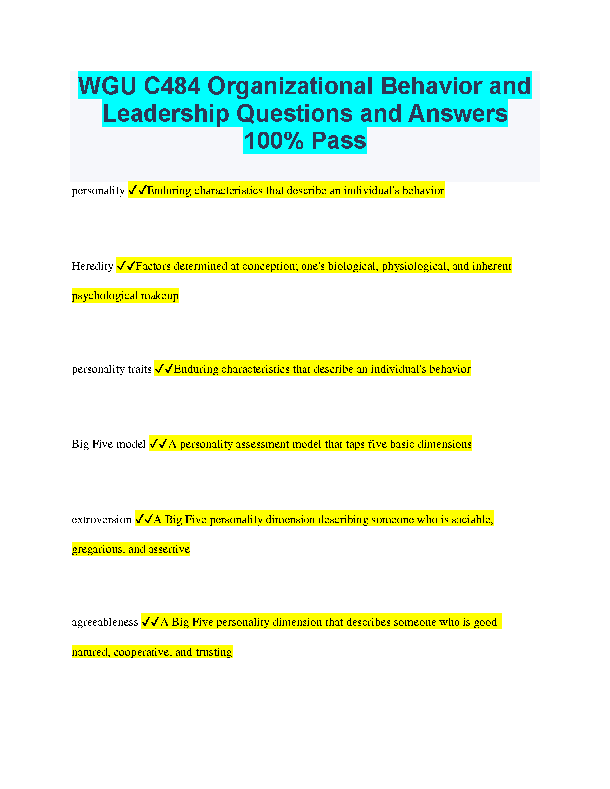 WGU C484 Organizational Behavior and Leadership Questions and Answers Study Guide for the 2024/2025 Academic Year Exam Preparation Resource