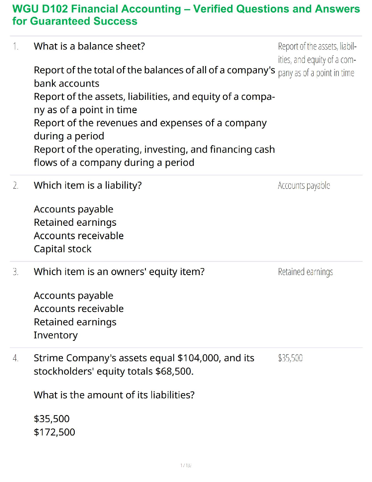WGU D102 Financial Accounting Test Bank with Verified Questions and Detailed Answers for Exam Success