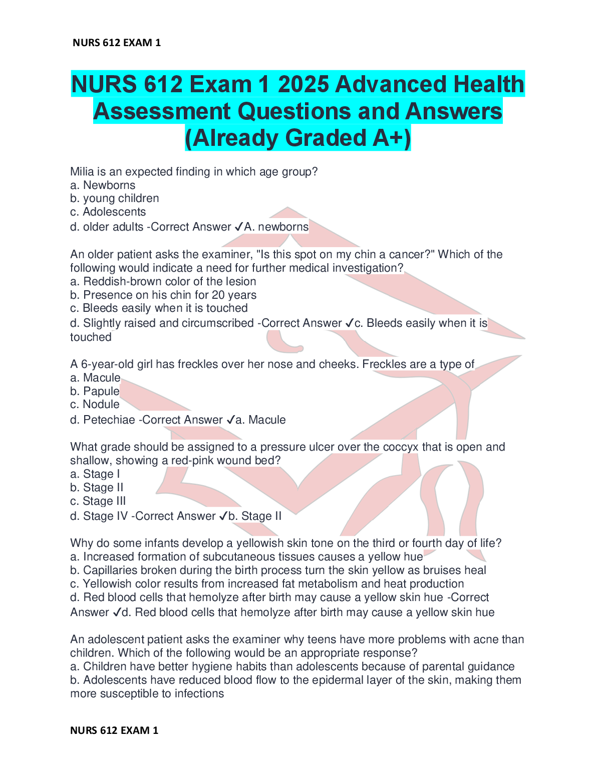 NURS 612 Exam 1 Advanced Health Assessment Test Bank | 2025/2026 Edition with Verified Questions and A+ Graded Answers