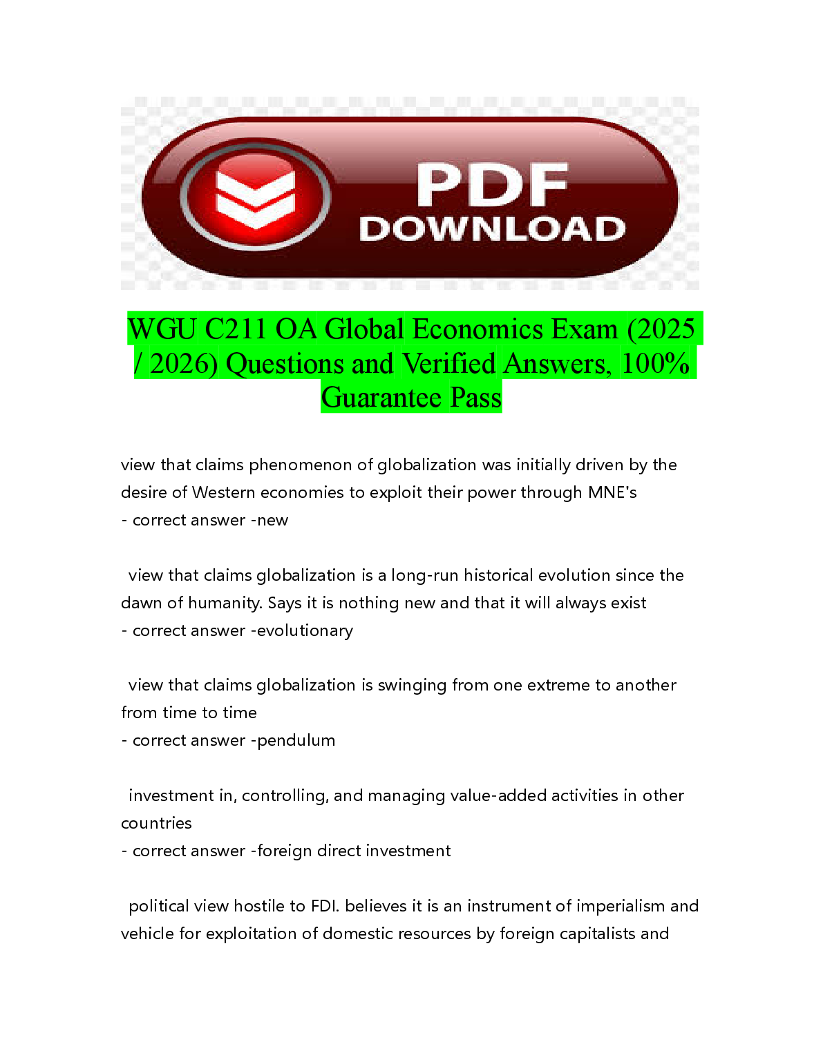 WGU C211 Global Economics OA Test Bank 2025/26: Verified Q&A for Peng's Global Business Exam Pass