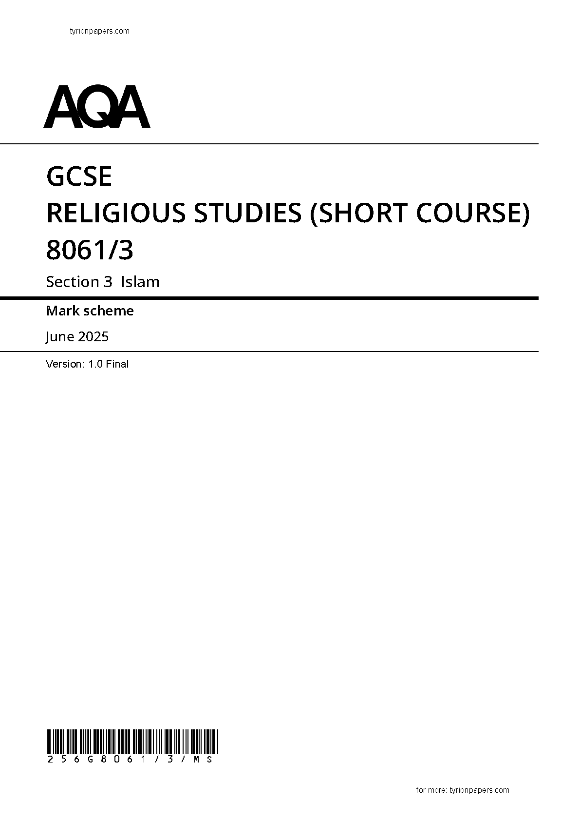 AQA GCSE Religious Studies Islam Paper 3 2025 Mark Scheme