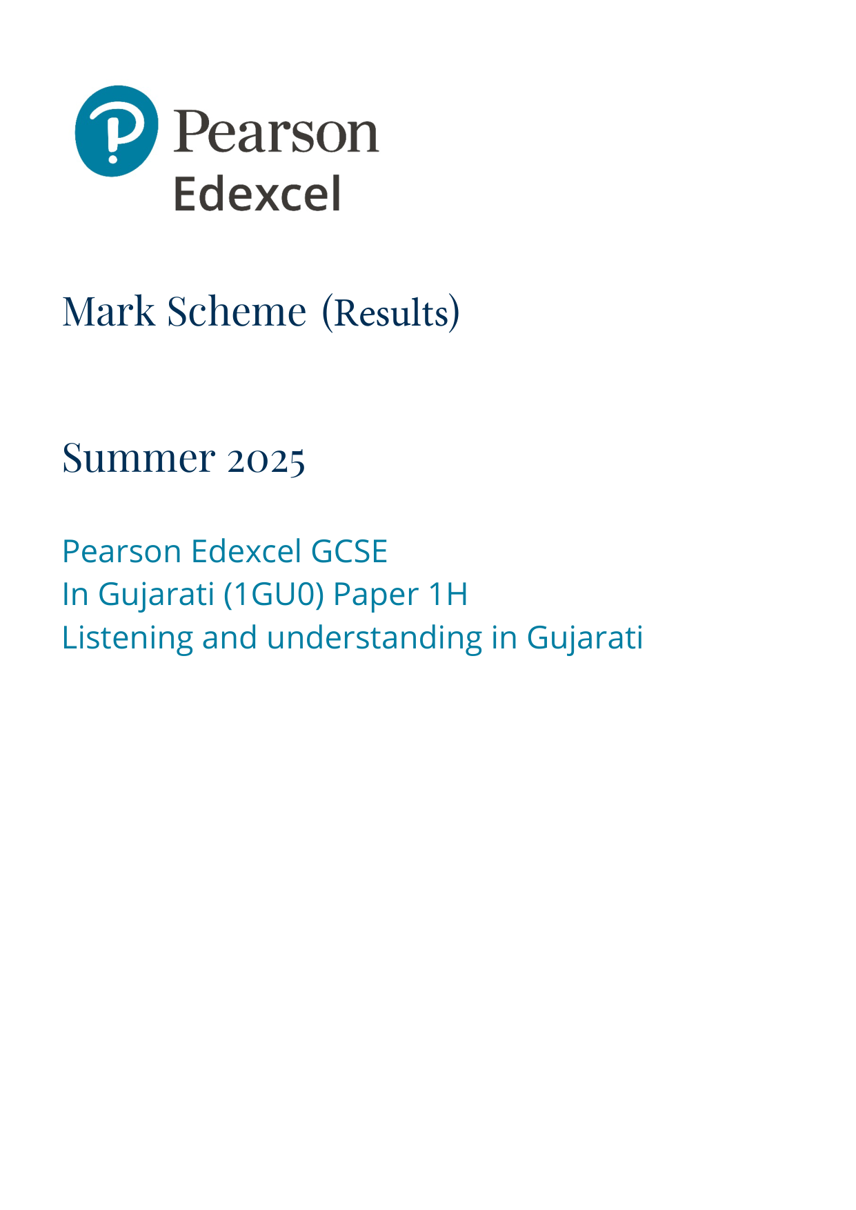 Pearson Edexcel GCSE Gujarati Paper 1H 2025 Mark Scheme PDF