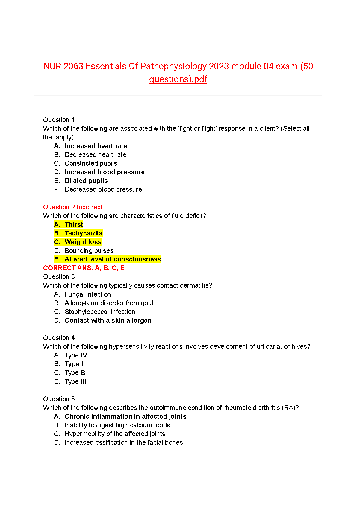 NUR 2063 Essentials of Pathophysiology Module 4 Test Bank with Answers for Exam Preparation