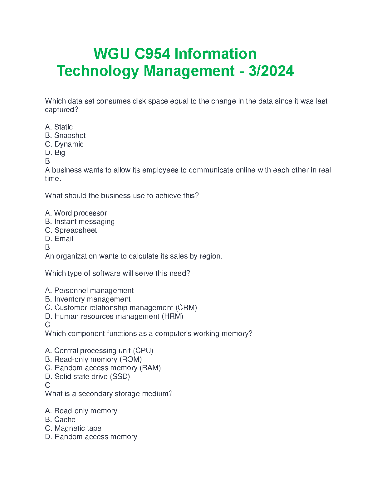 WGU C954 Information Technology Management Exam Questions and Answers (2024/2025 Edition)