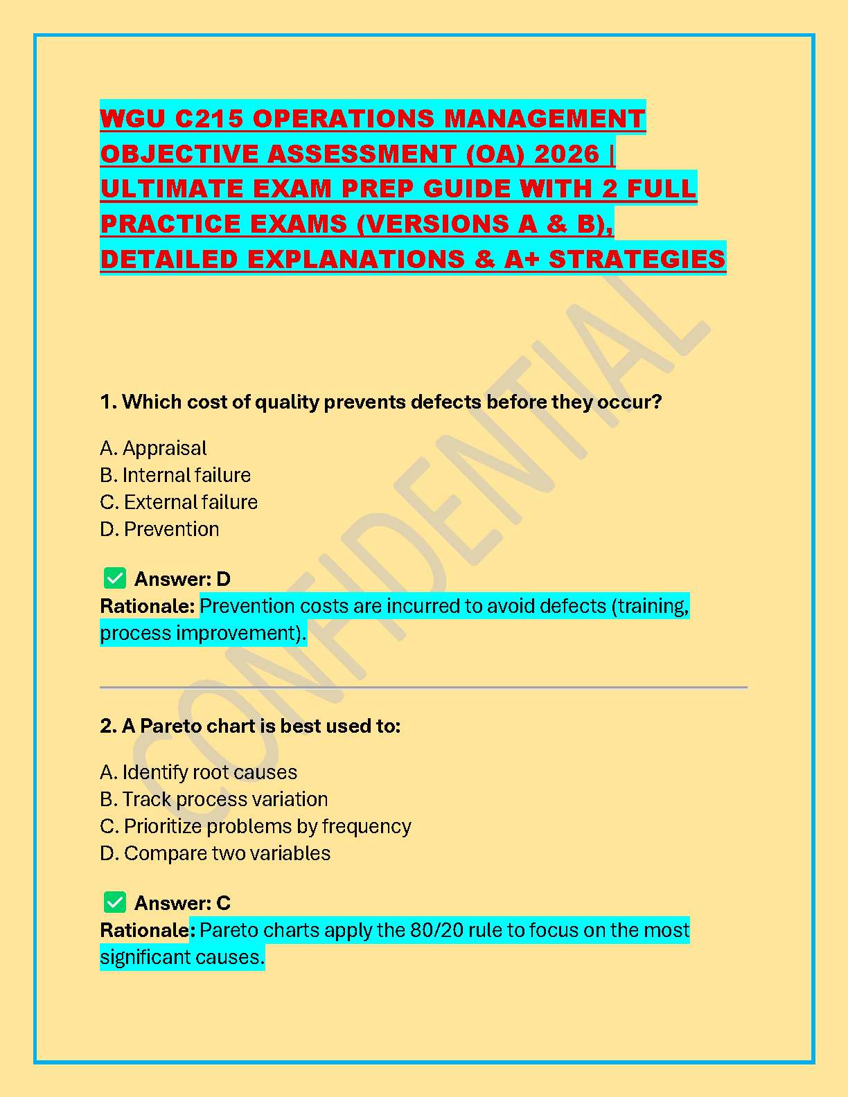 WGU C215 Operations Management OA Test Bank 2026 Ultimate Prep Guide with Two Full Practice Exams and Rationales