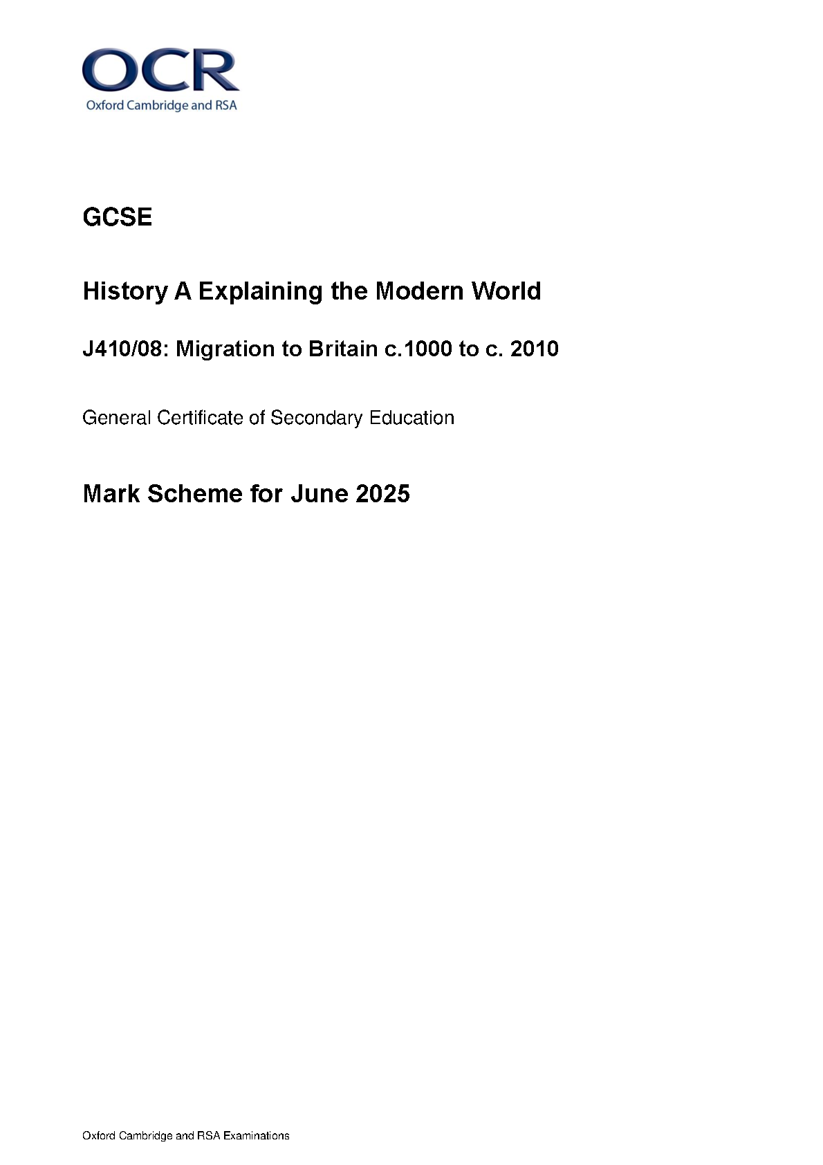 OCR GCSE History Paper 8 2025 Mark Scheme