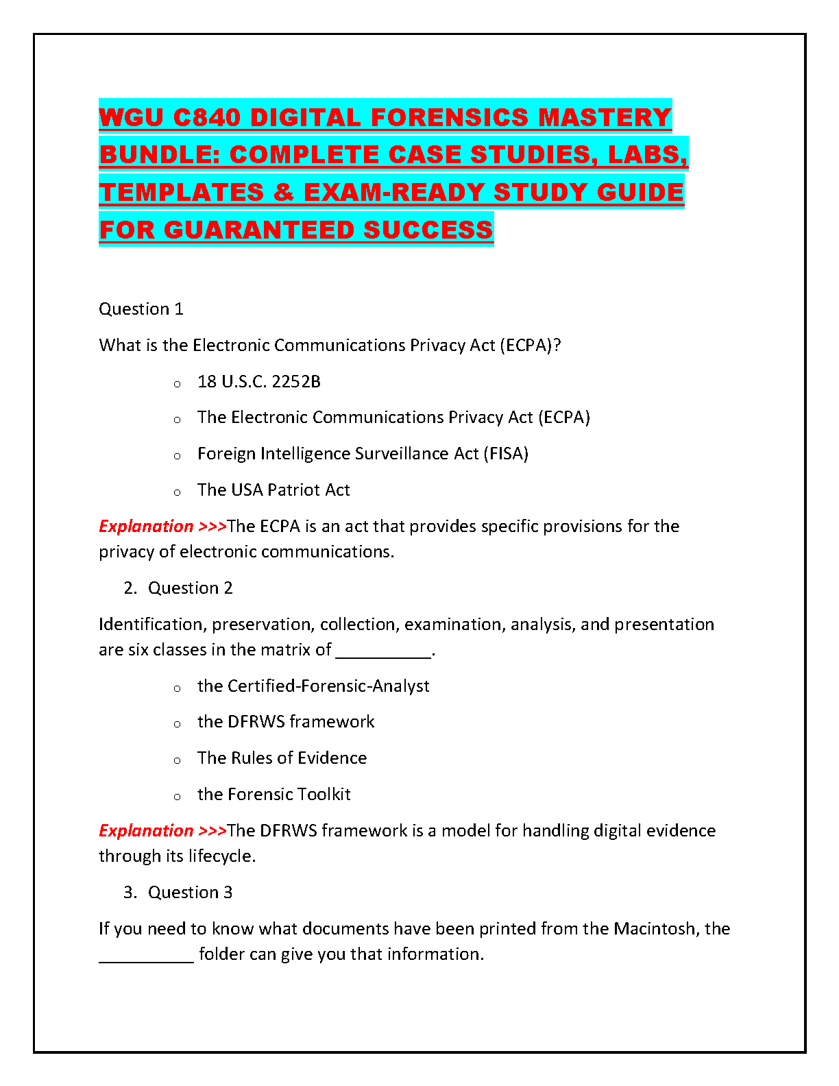 WGU C840 Digital Forensics Test Bank Verified Answers and Exam Questions for First Attempt Success 2024/2025
