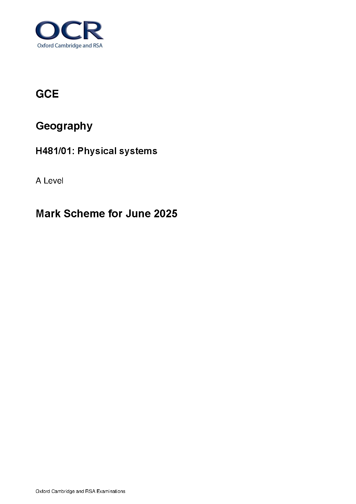 OCR A Level Geography Paper 1 2025 Mark Scheme