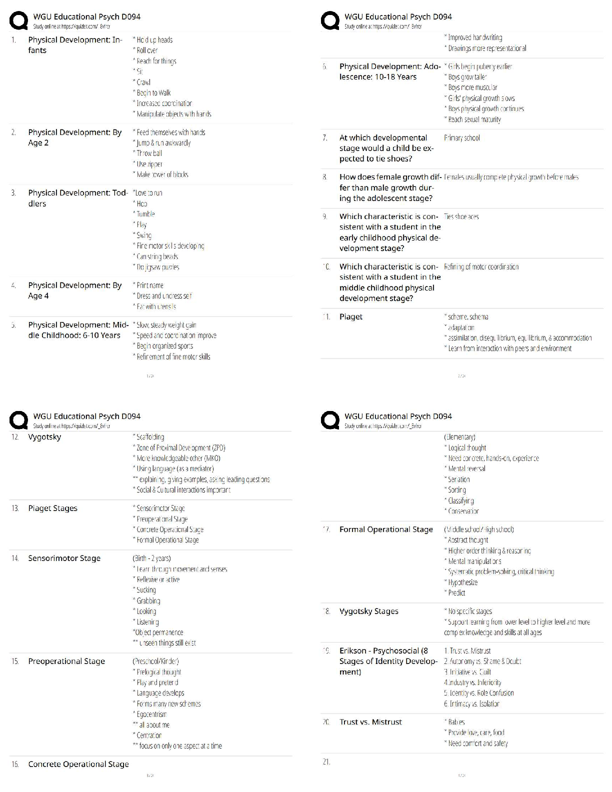 WGU D094 Educational Psychology Study Guide: Piaget, Vygotsky and Development Theories 2025/2026 Exam Notes