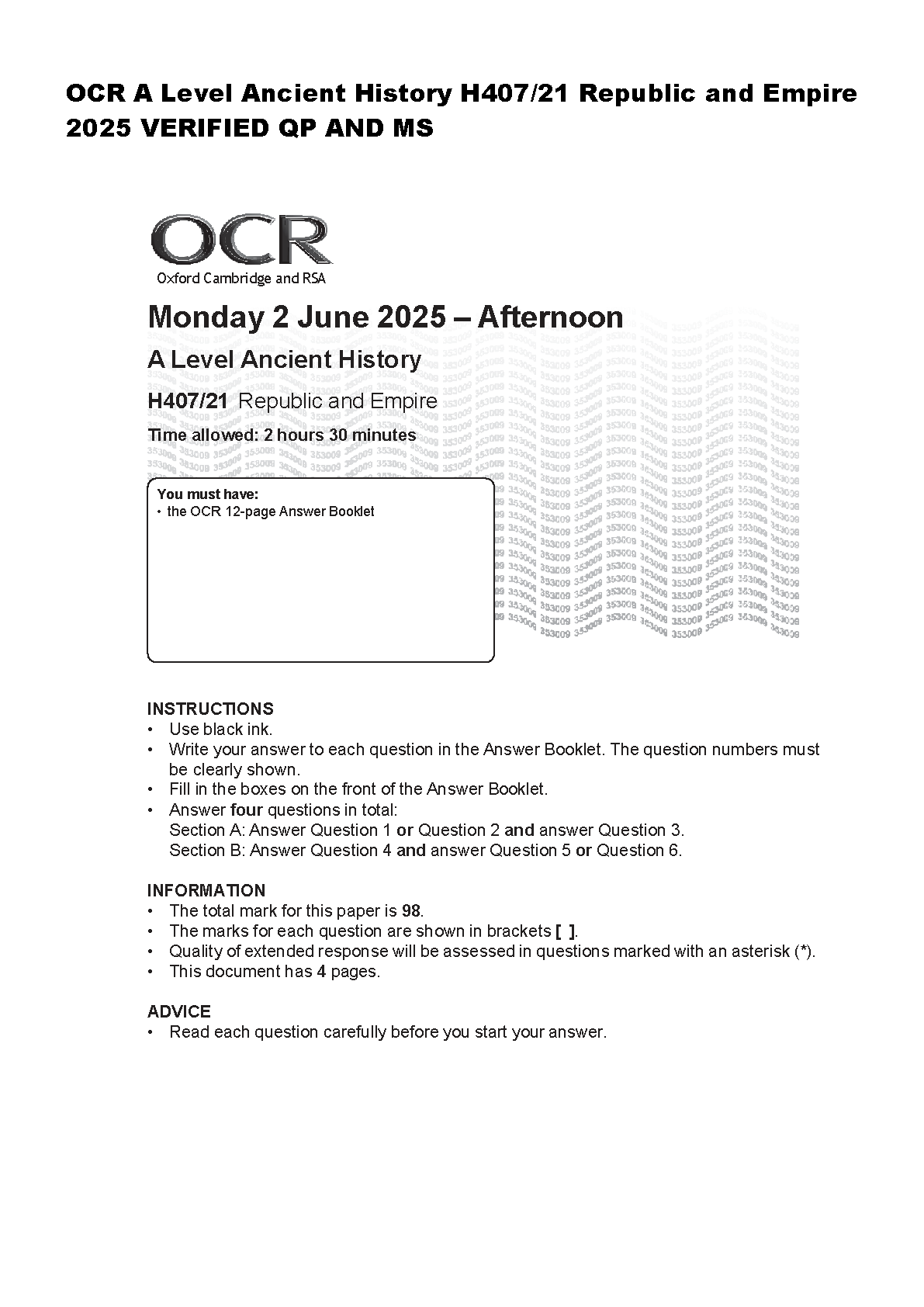 OCR A Level Ancient History H407/21 Republic and Empire June 2025 Exam Paper with Mark Scheme for 2026 Academic Year