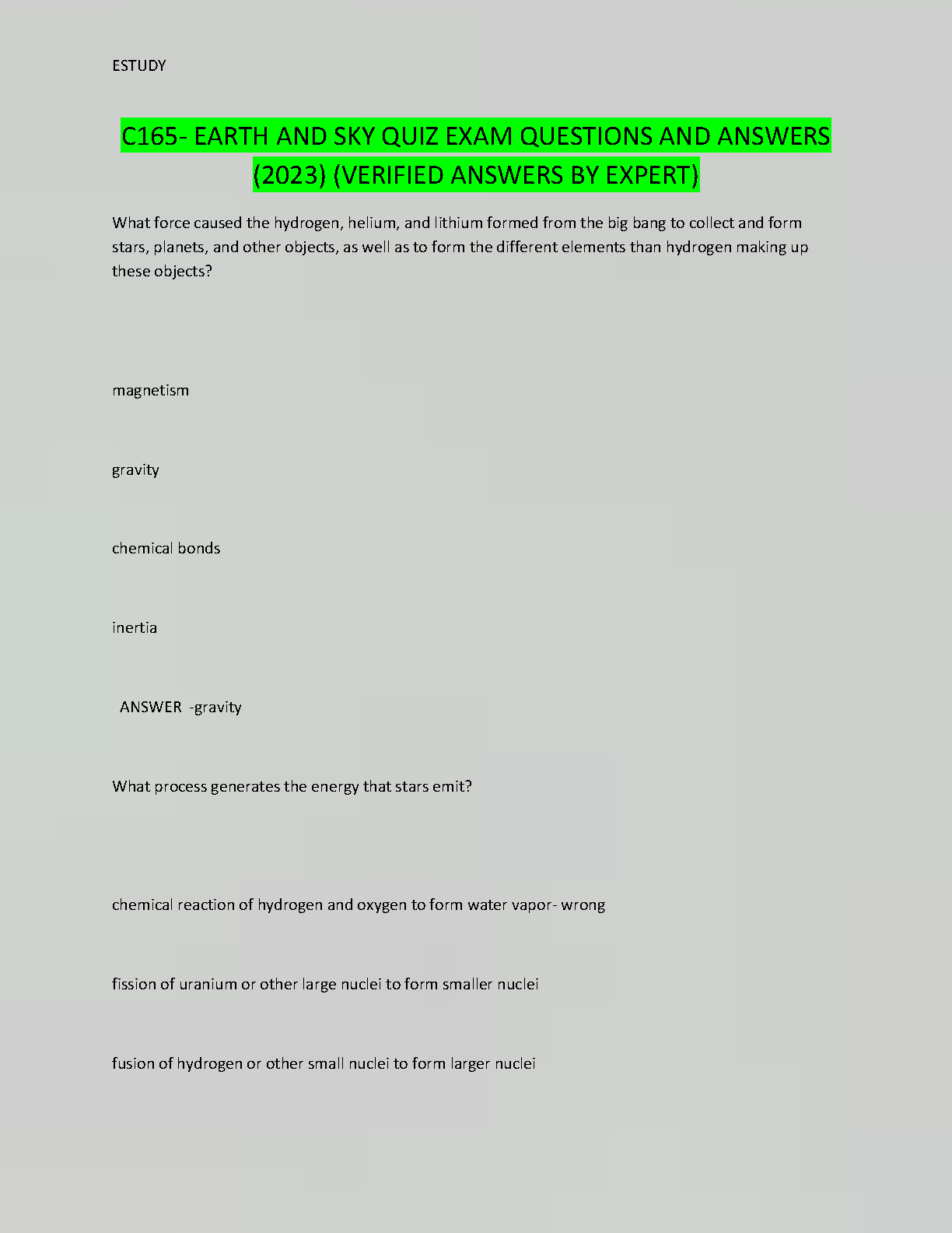 WGU C165 Earth and Sky Test Bank 2023: Quiz Exam Questions & Expert Verified Answers for Mastery