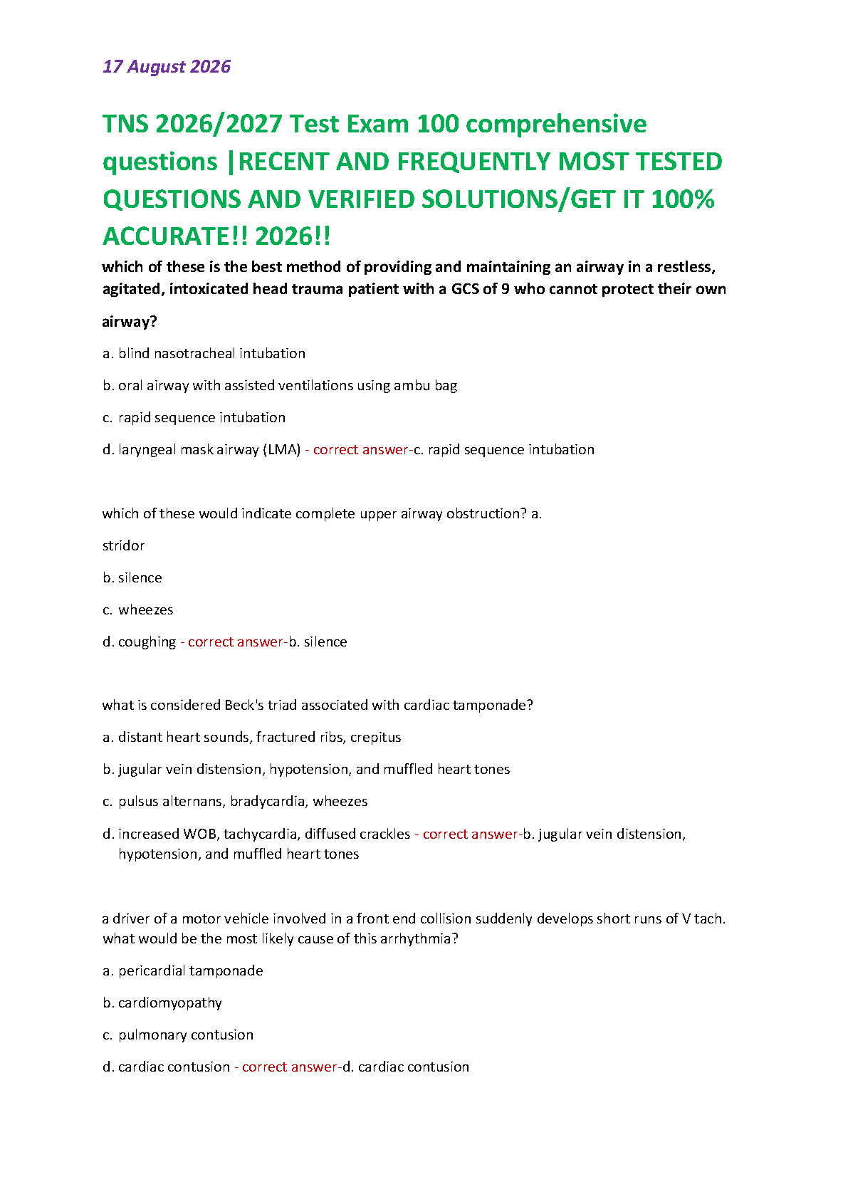 TNS Trauma Nurse Specialist Exam 100 Questions and Answers Updated for the 2026/2027 Academic Year with Verified Solutions