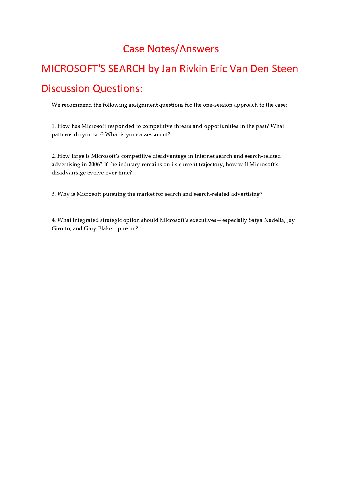 Master Microsoft's Search Case Study (Jan W. Rivkin & Eric Van Den Steen) | 2025/2026 Exam Solutions to Pass First Try