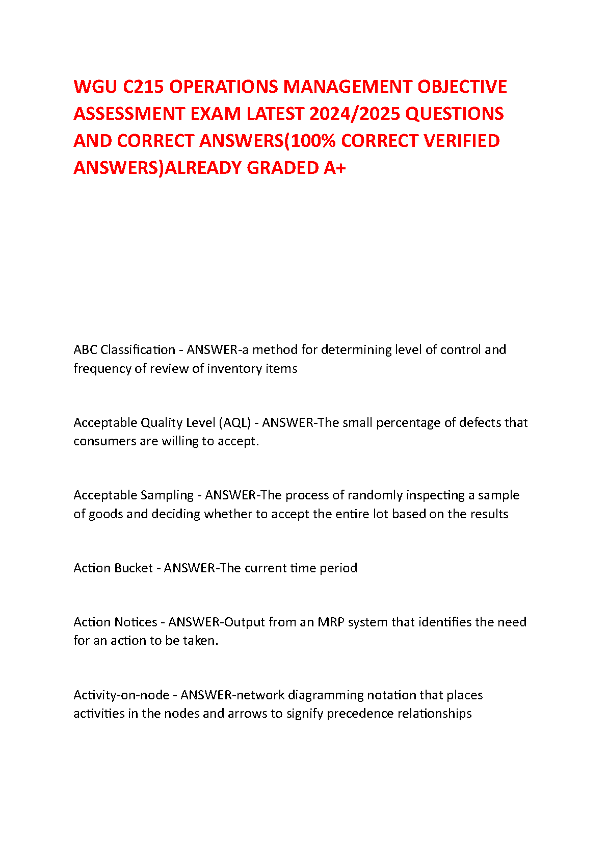 WGU C215 Operations Management Test Bank 2024/2025 Based on Heizer Render Munson Verified Questions A+ Graded Answers