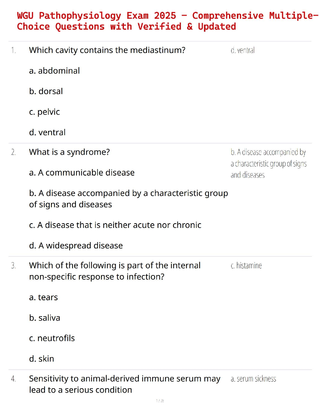 WGU Pathophysiology Exam 2025 Comprehensive Multiple-Choice Questions and Verified Answers for First Attempt Success