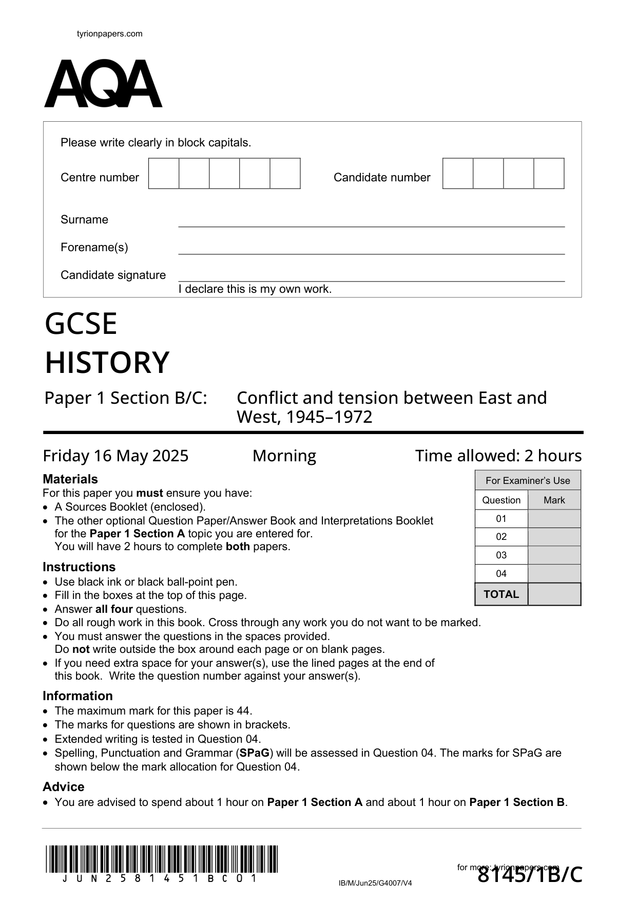 AQA GCSE History Paper 1B Section B/C 2025 Question Paper