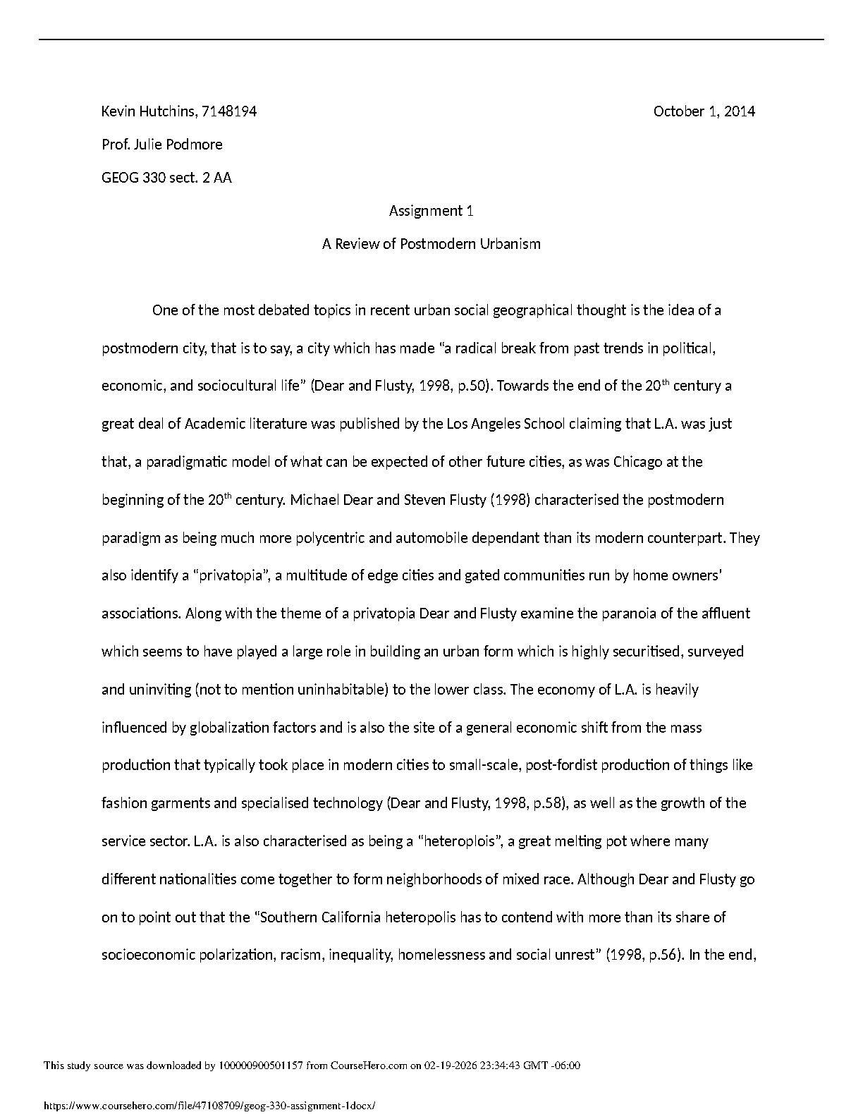 Pass GEOG 330 Guaranteed: A Review of Postmodern Urbanism by Michael J. Dear & Steven Flusty | Latest 2025/2026 Edition for Exam Success