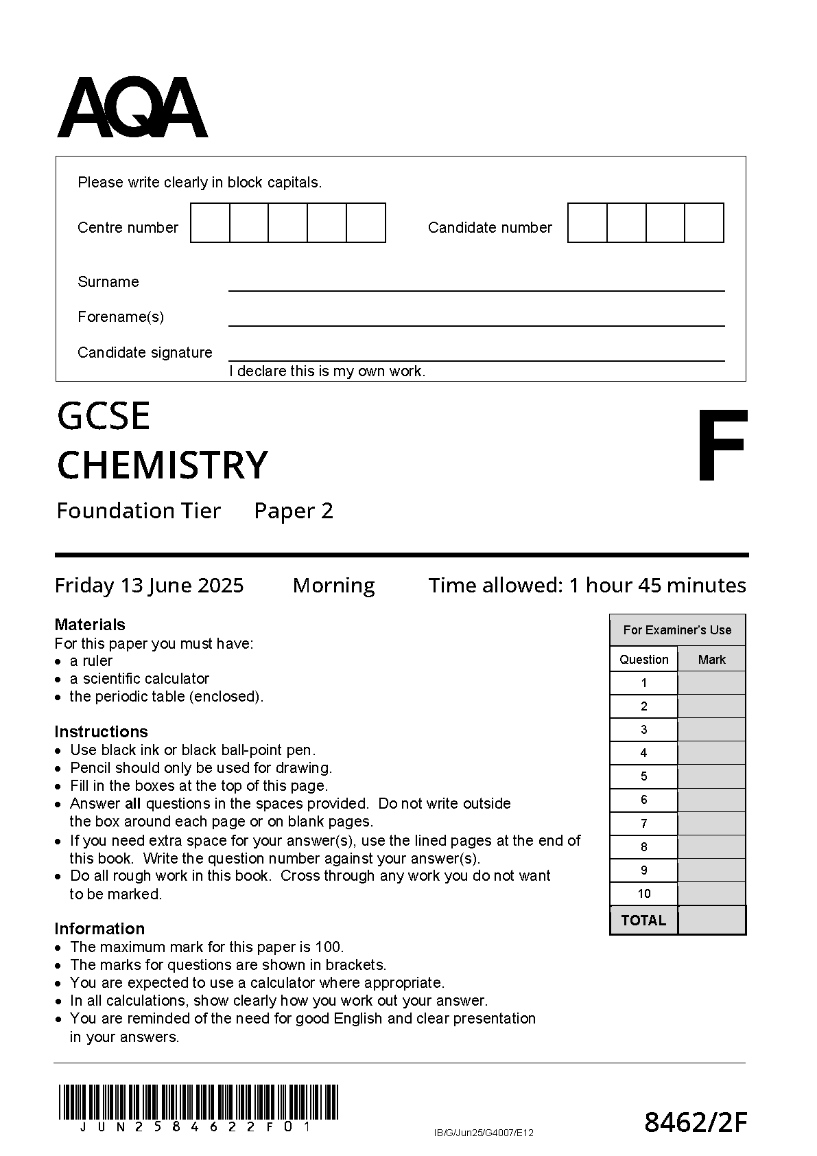 Combined 2025 AQA GCSE CHEMISTRY Paper 2 Question Paper and Mark Scheme (8462/2F: Foundation Tier)