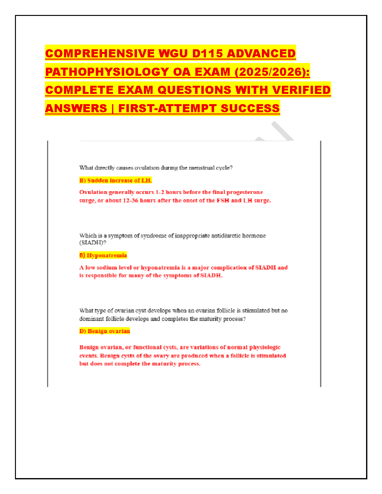 WGU D115 Advanced Pathophysiology OA Exam Test Bank 2025/2026 Verified Questions and Answers for First-Attempt Success