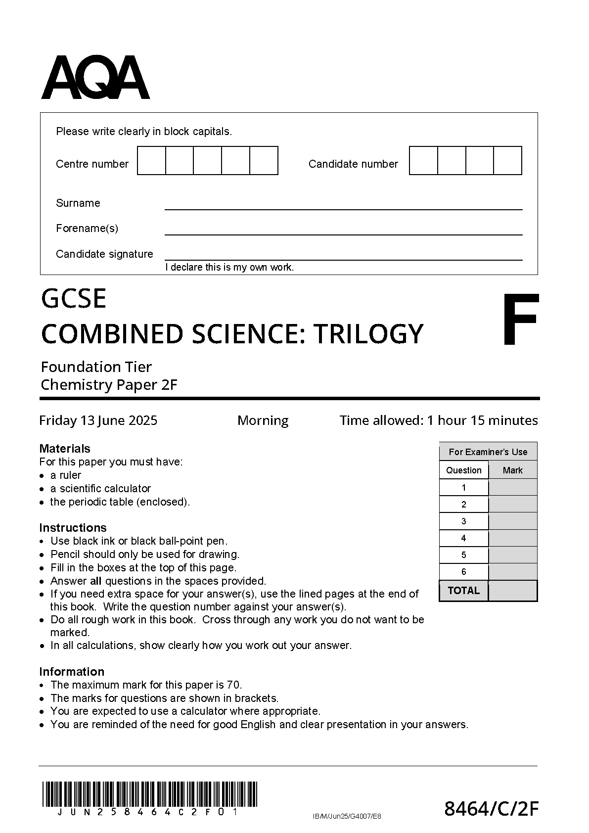 2025 AQA GCSE COMBINED SCIENCE TRILOGY Chemistry Paper 2F and Mark Scheme (8464/C/2F)