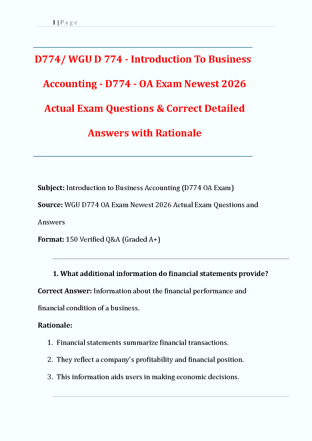 WGU D774 Introduction to Business Accounting OA Test Bank with Verified Answers and Rationales for 2026 Success