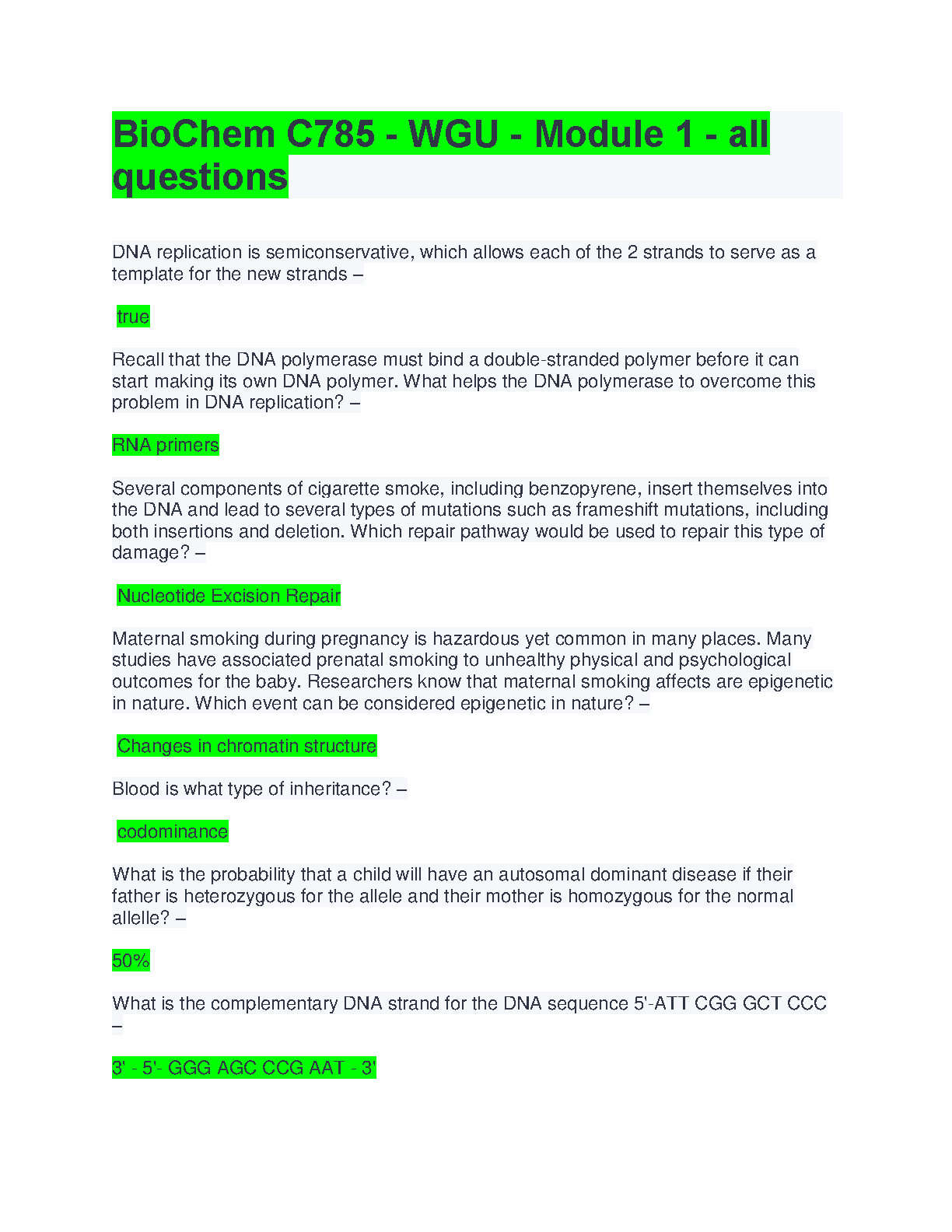 WGU C785 Biochemistry Module 1 Test Bank | Verified Q&A for Tymoczko 4th Ed. (2025/2026)
