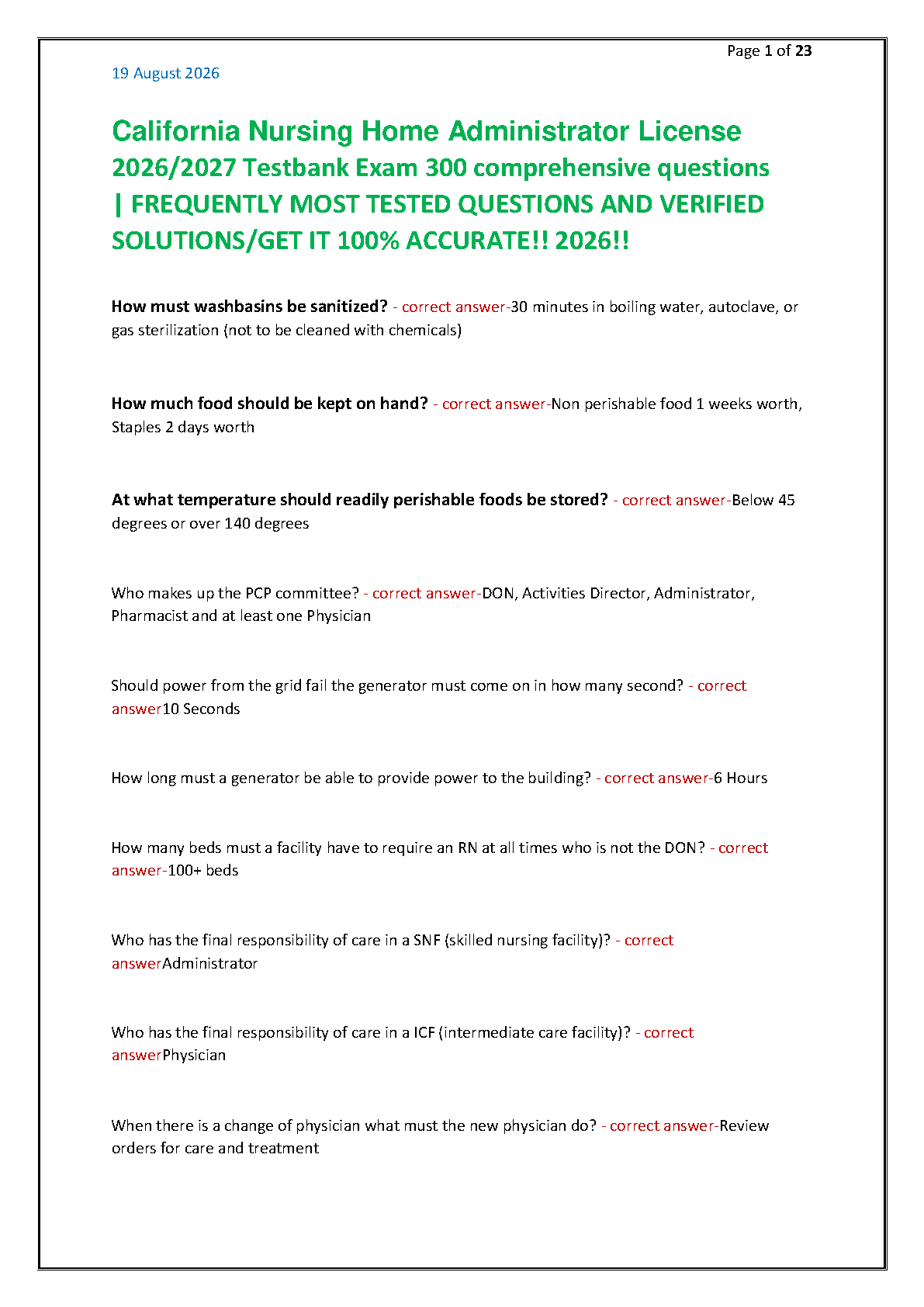 California Nursing Home Administrator License Exam Test Bank 2026/2027 Academic Year 300 Verified Questions
