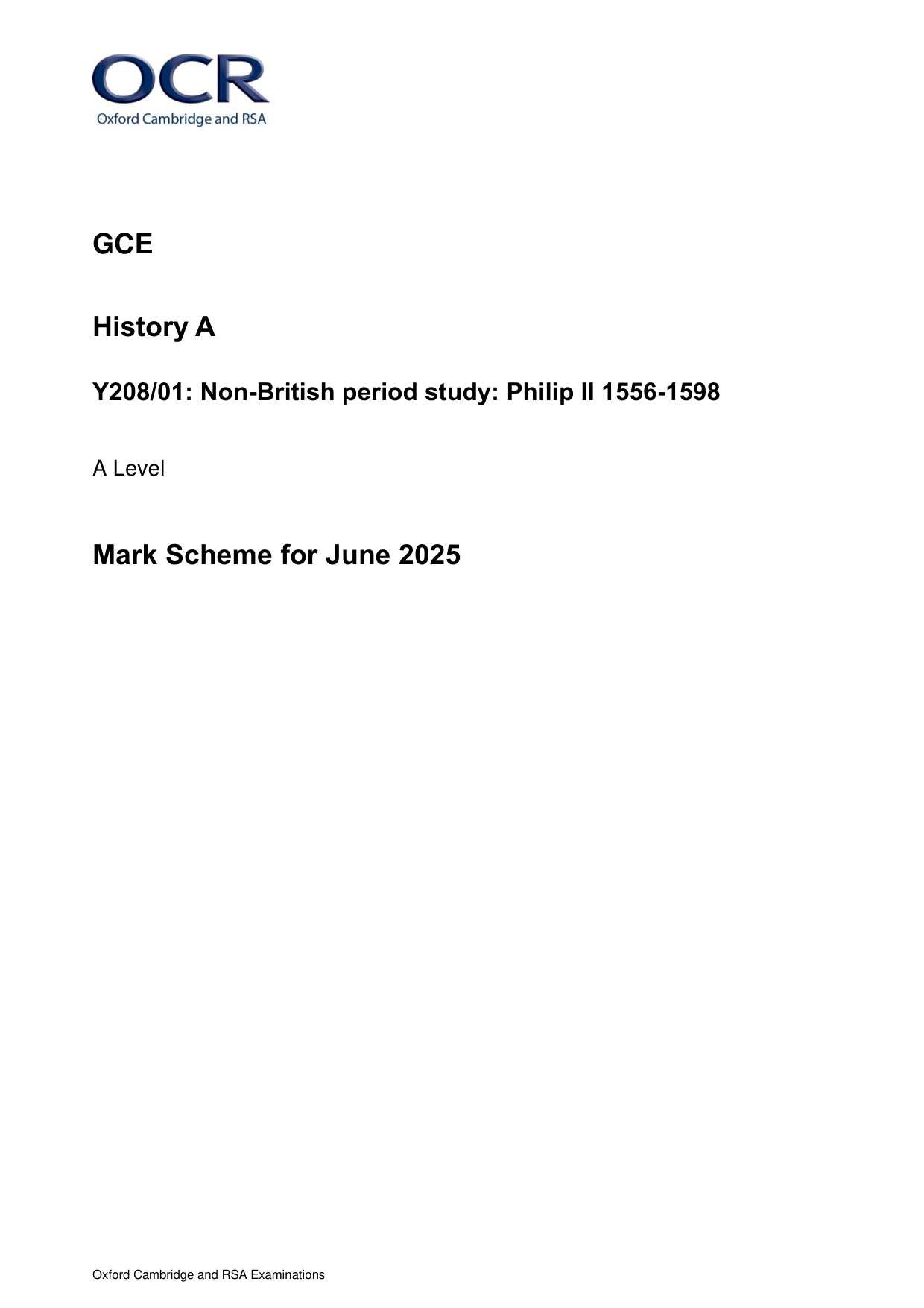OCR A Level History A Philip II 2025 Mark Scheme