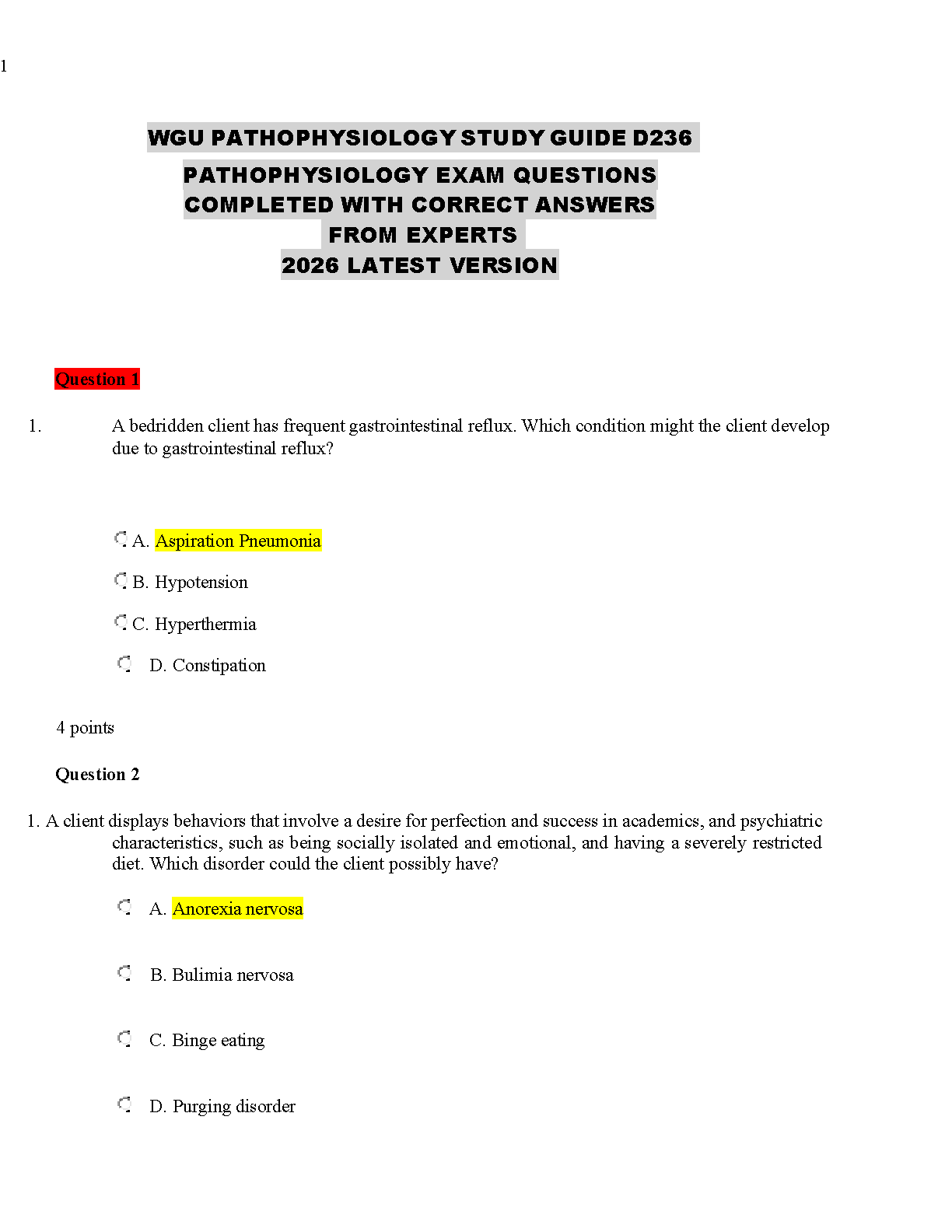 WGU D236 Pathophysiology Test Bank for McCance and Huether 9th Edition Verified Questions Answers 2025/2026 Guide