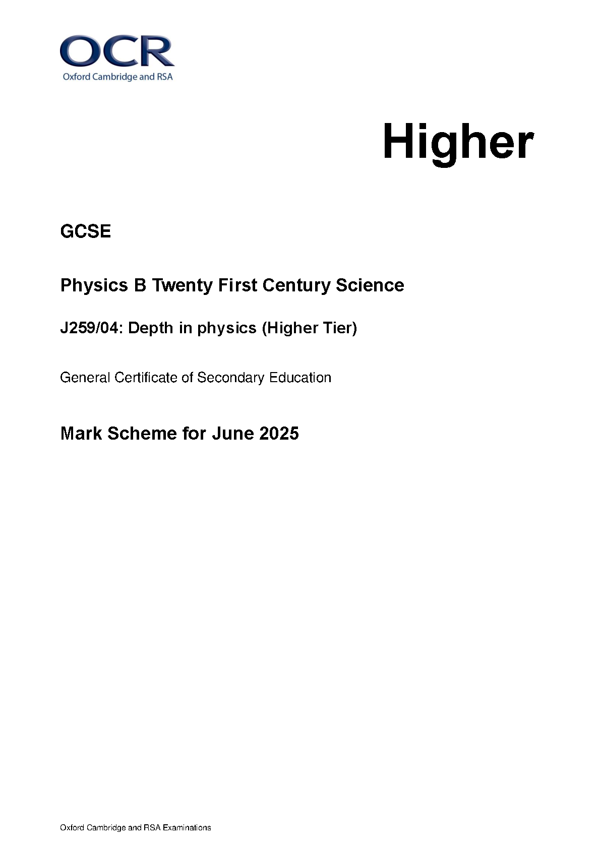 OCR GCSE Physics B Paper 4 2025 Mark Scheme