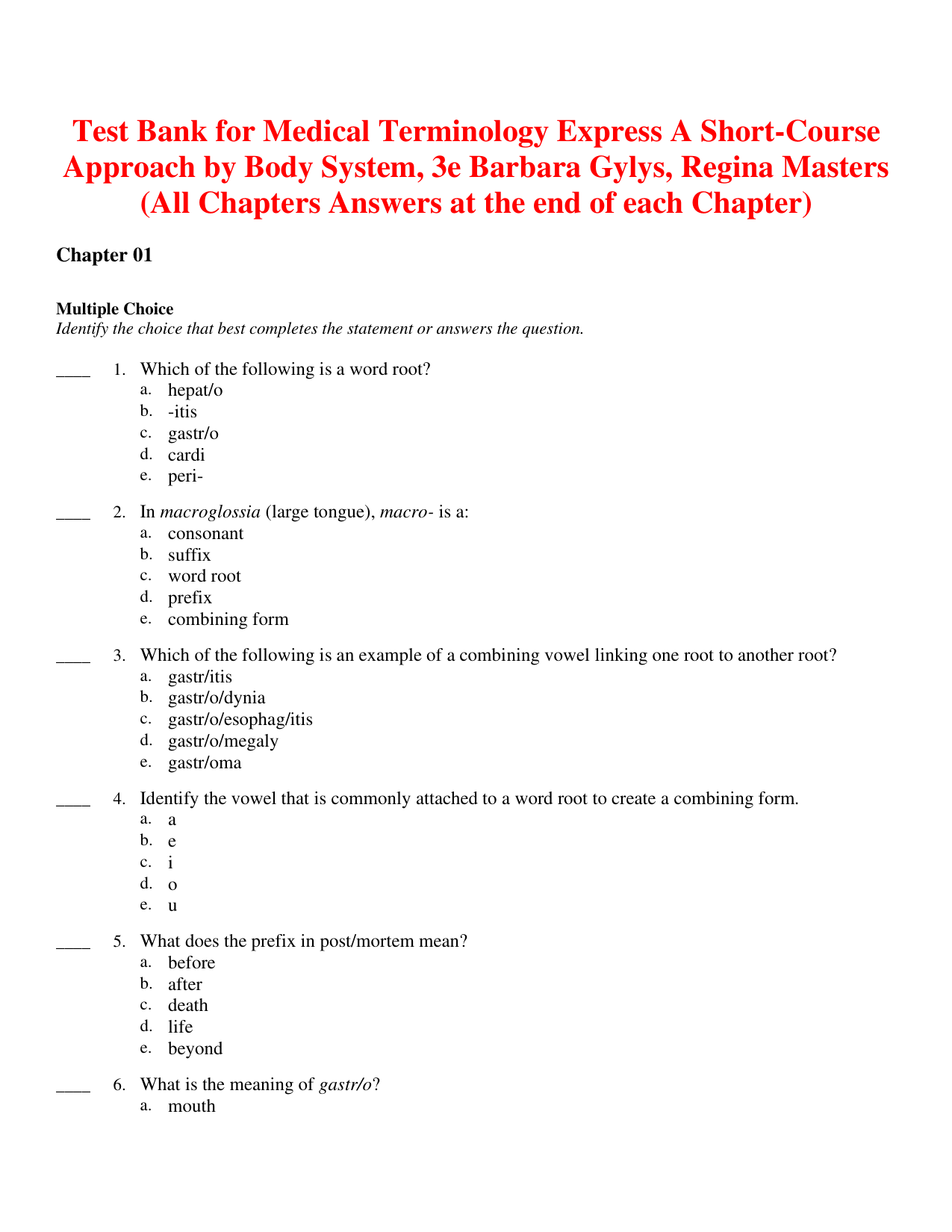 Medical Terminology Express 3rd Edition Test Bank