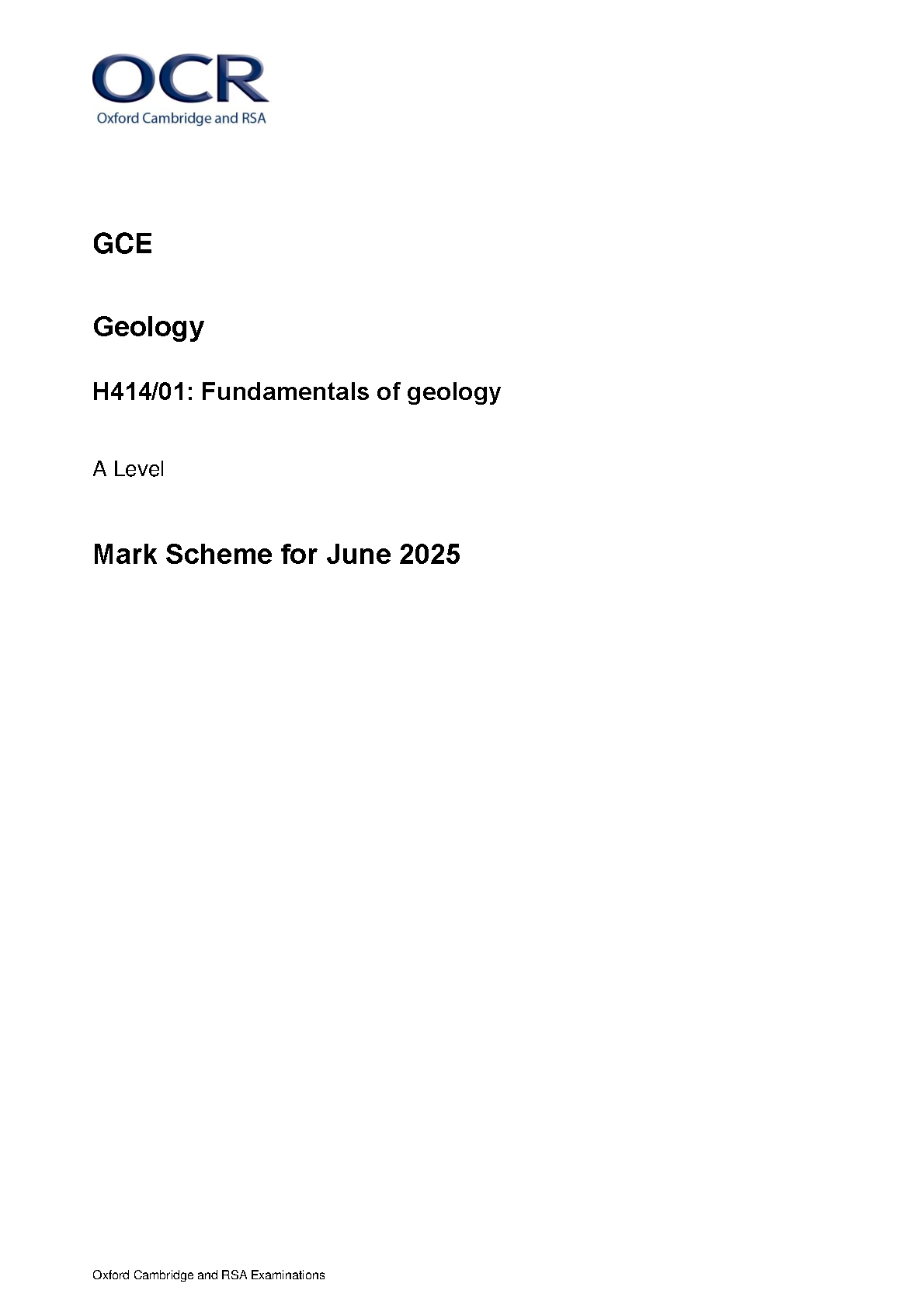 OCR A Level Geology Paper 1 2025 Mark Scheme