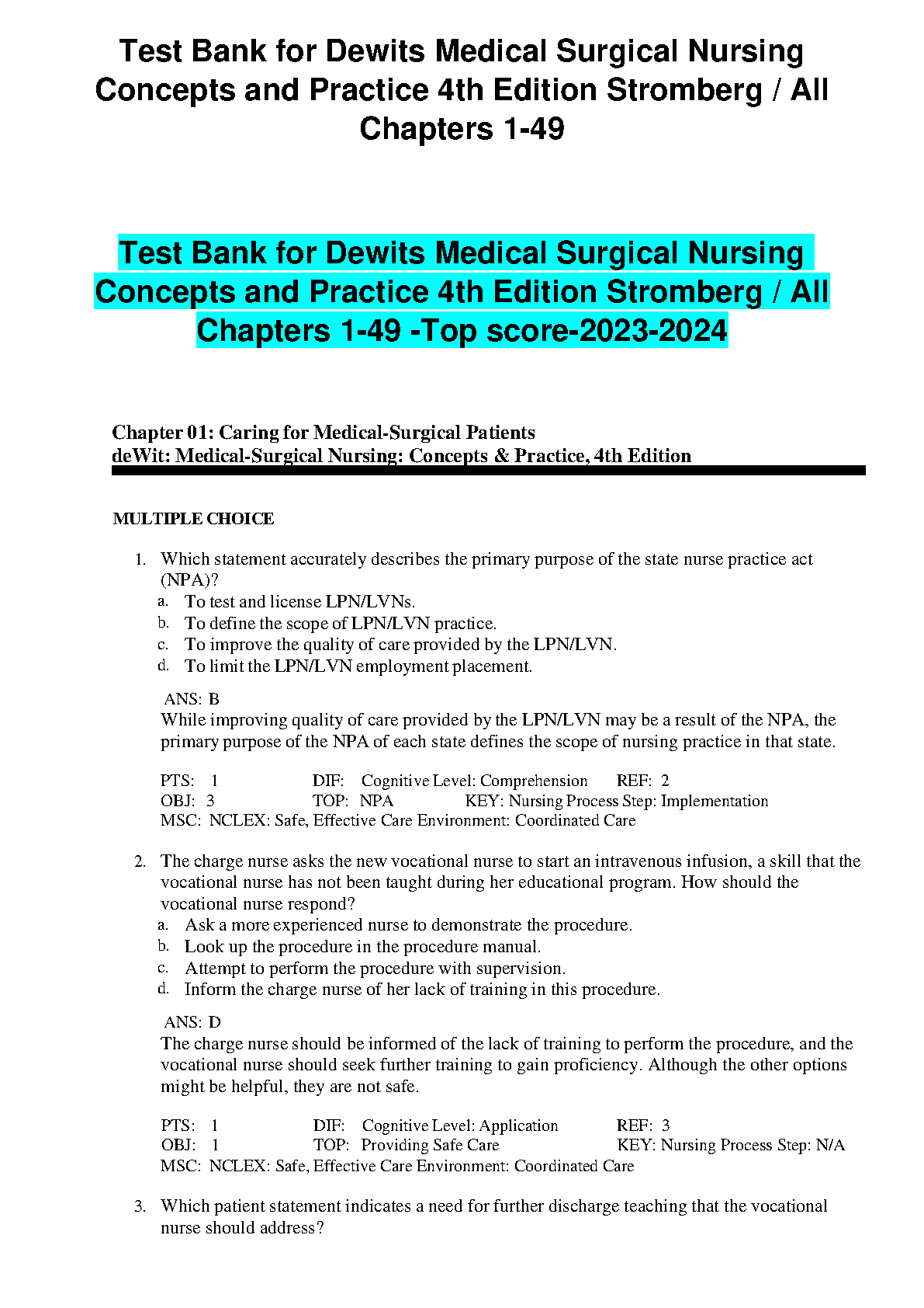 Test Bank DeWit Medical Surgical Nursing Concepts and Practice 4th Edition by Stromberg All Chapters