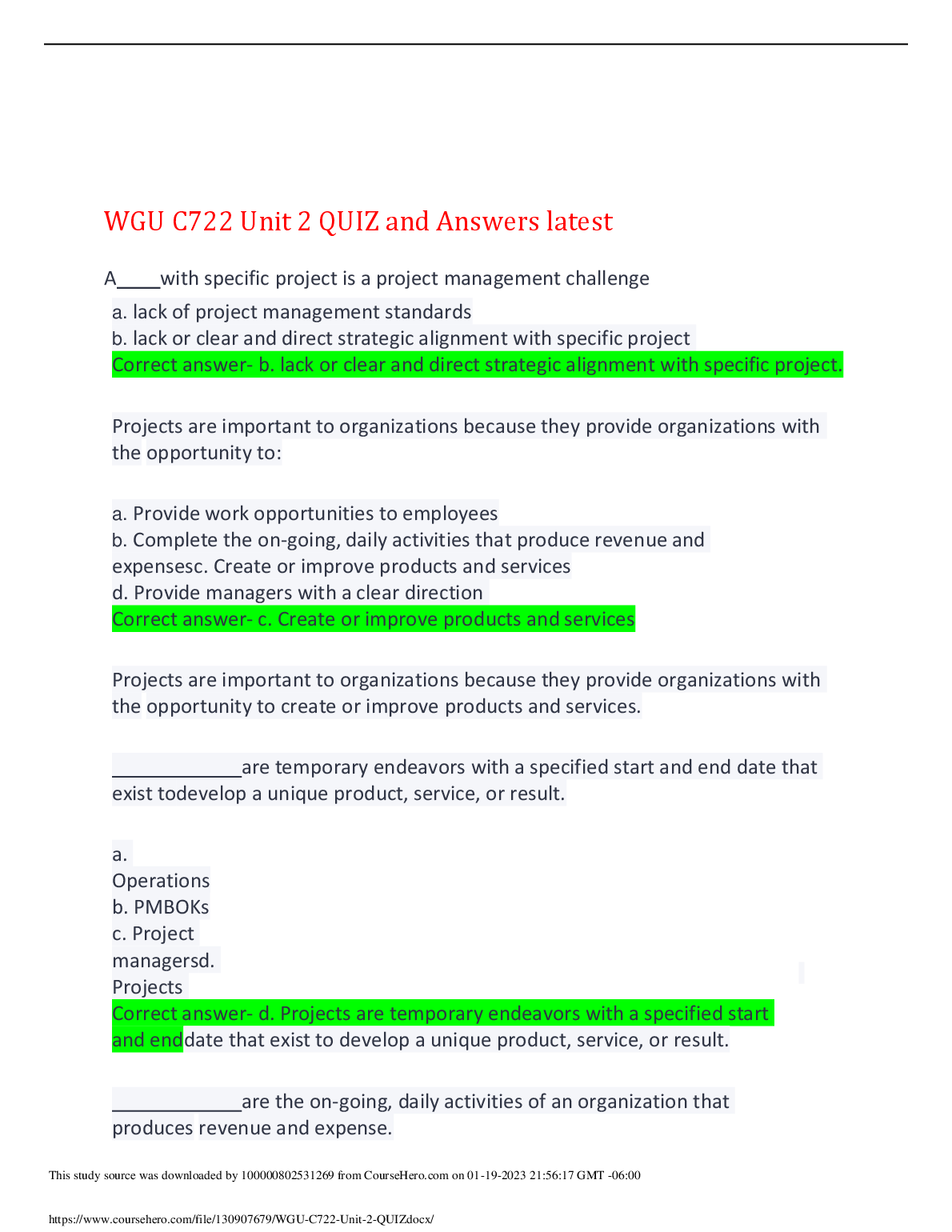 WGU C722 Unit 2 Quiz Study Guide with Detailed Answers for 2024/2025 Exam Success and First Attempt Passing Strategies