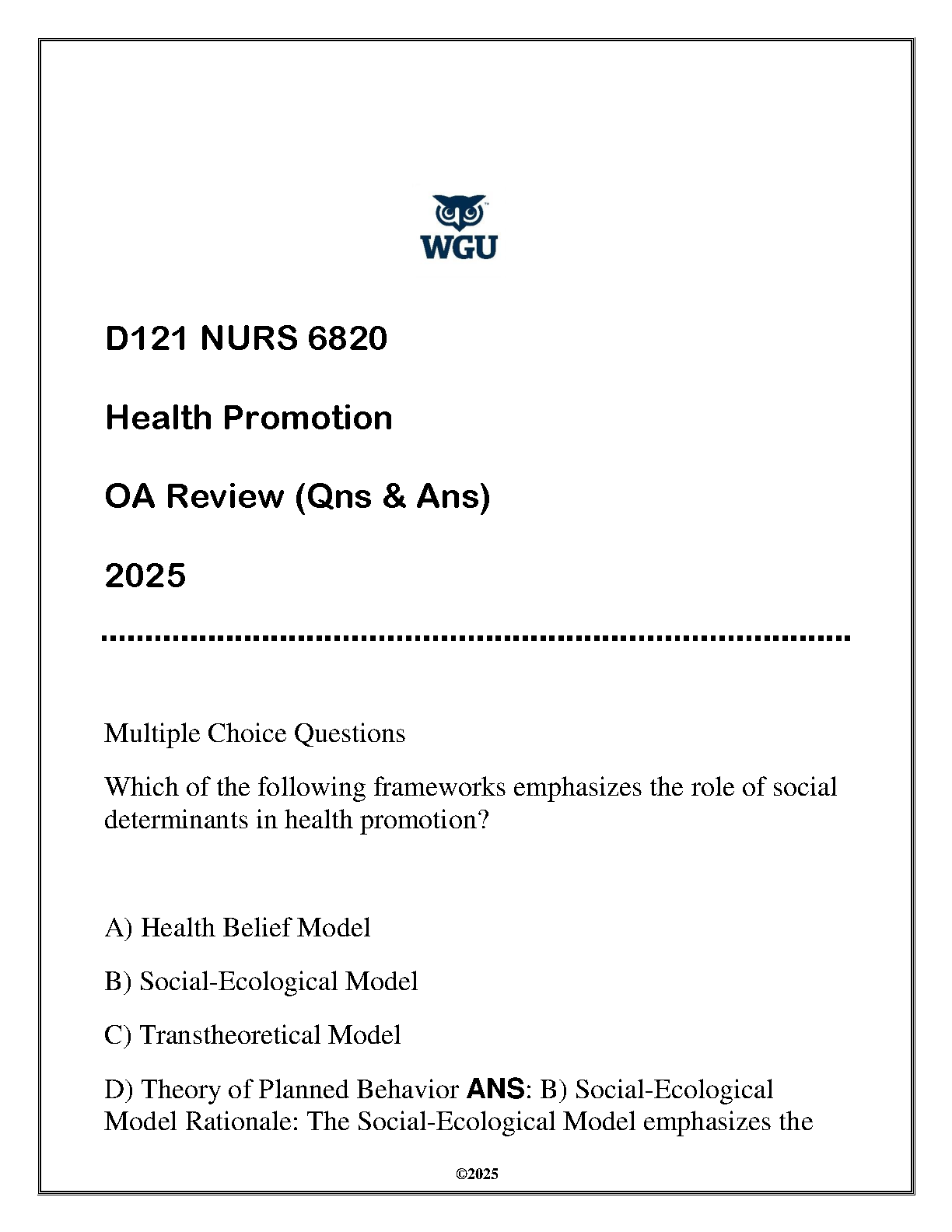 WGU NURS 6820 Health Promotion OA Review Questions and Answers Study Guide for Exam Preparation