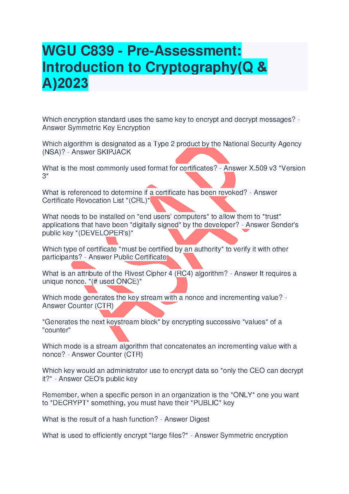 WGU C839 Introduction to Cryptography Pre-Assessment 2024 Study Guide and Exam Prep Resource