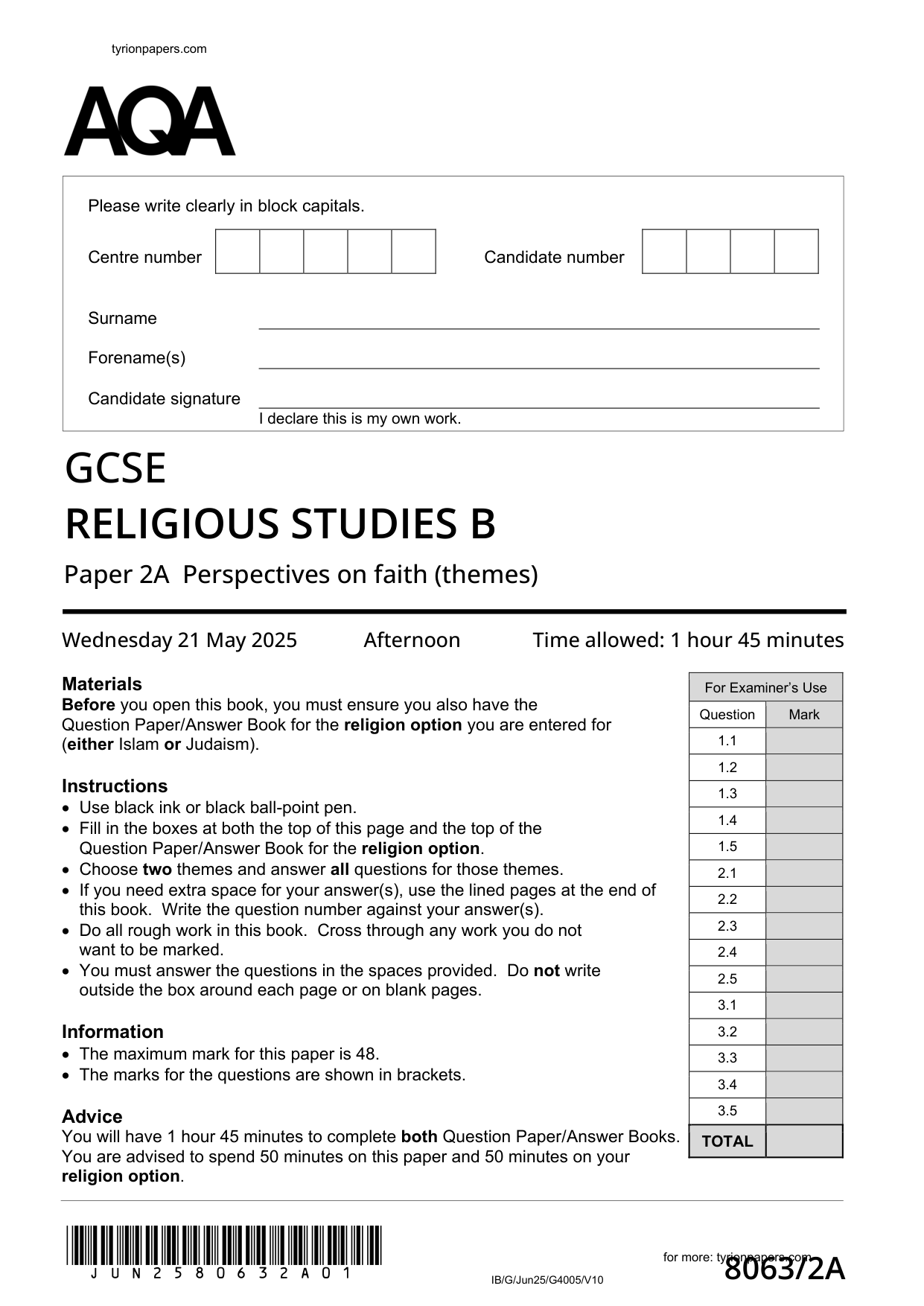 AQA GCSE Religious Studies B Paper 2A 2025 Question Paper