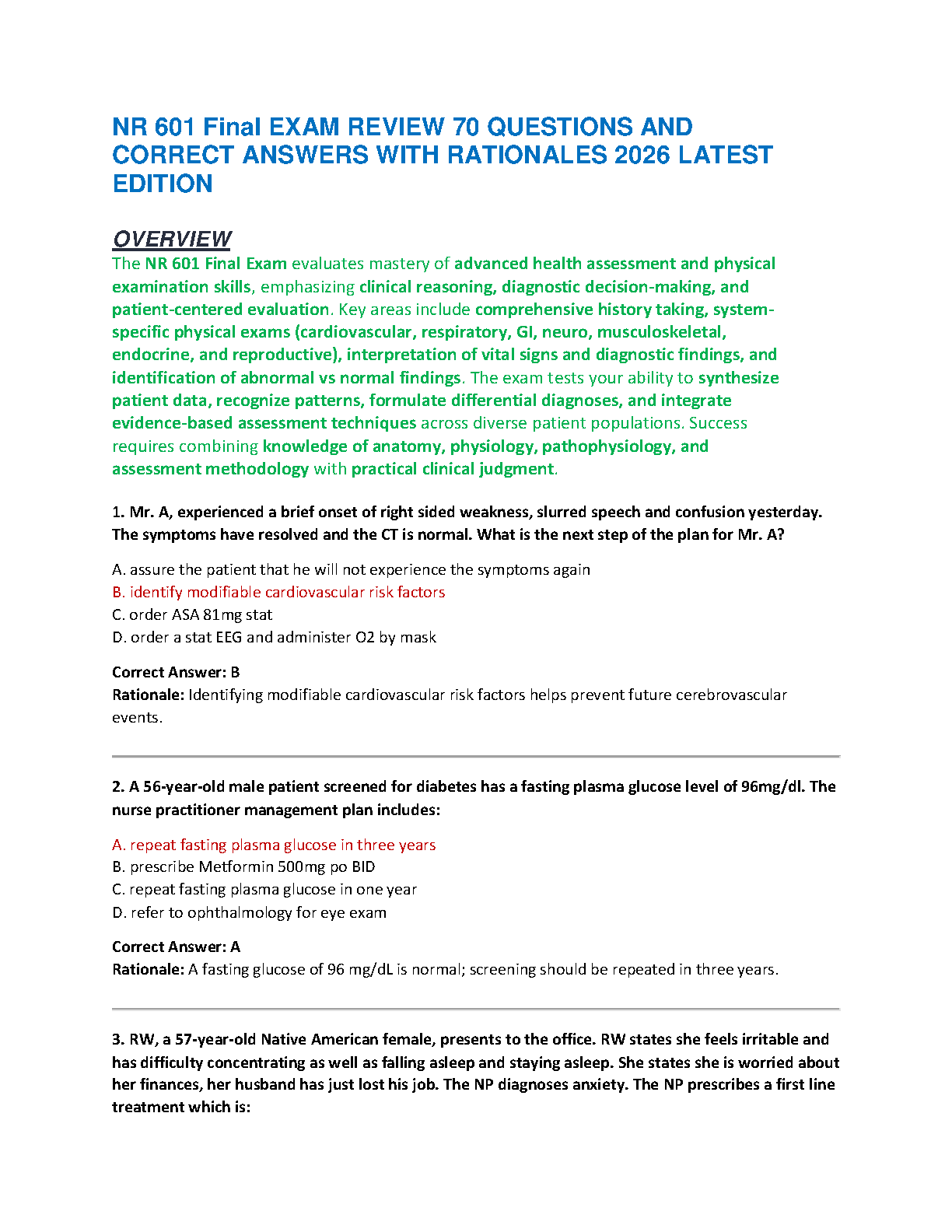 NR 601 Final Exam Test Bank 2026 Edition with Answers and Rationales for Advanced Health Assessment Mastery