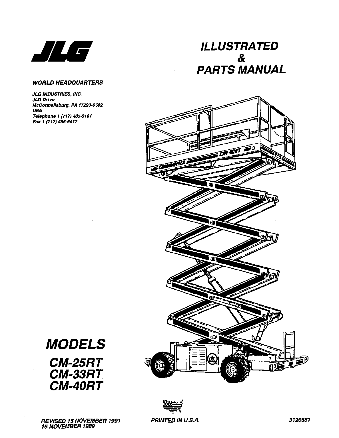 JLG Commander CM-25RT, CM-33RT, CM-40RT Scissor Lift Illustrated Parts Manual (1991 Edition, P/N 3120661)