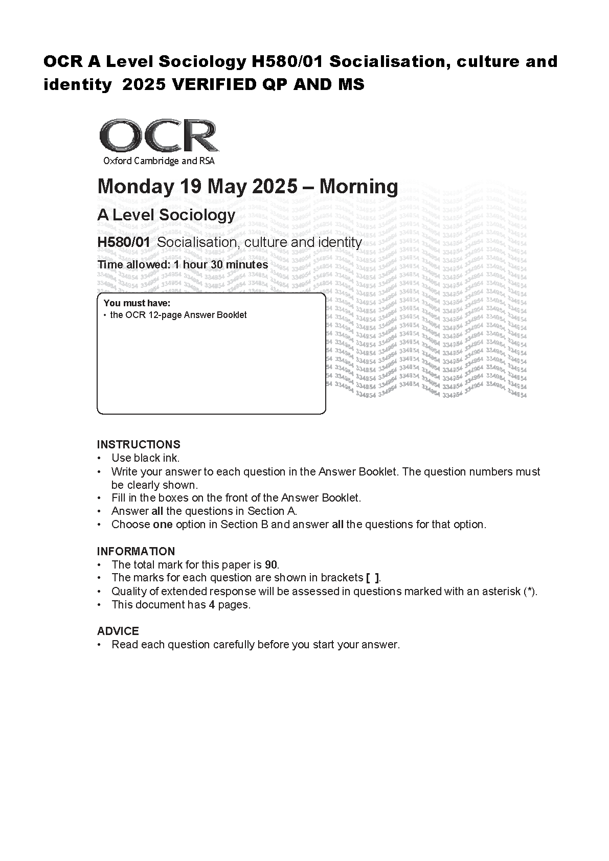 OCR A Level Sociology H580/01 Socialisation Culture Identity May 2025 Exam Paper with Mark Scheme for 2026 Academic Year