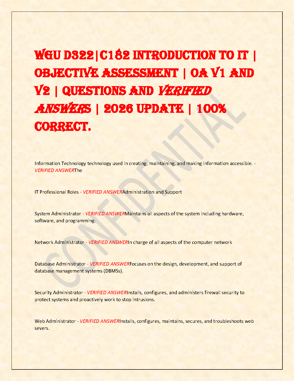 WGU D322/C182 Introduction to IT OA Test Bank: Verified Answers for V1 & V2 Exams (2026 Edition)
