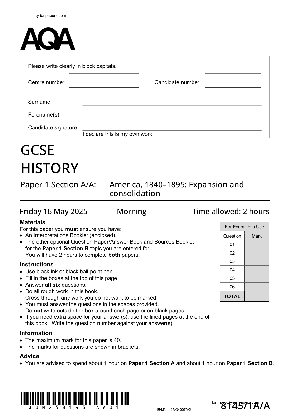 AQA GCSE History Paper 1A Section A/A 2025 Question Paper