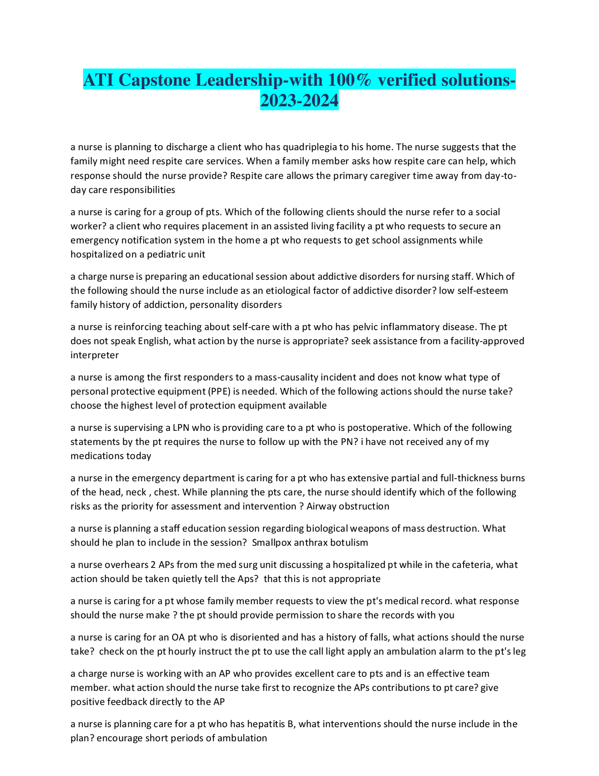 ATI Capstone Leadership NCLEX RN Questions and Answers Latest Updated Version 2023 for Exam Preparation