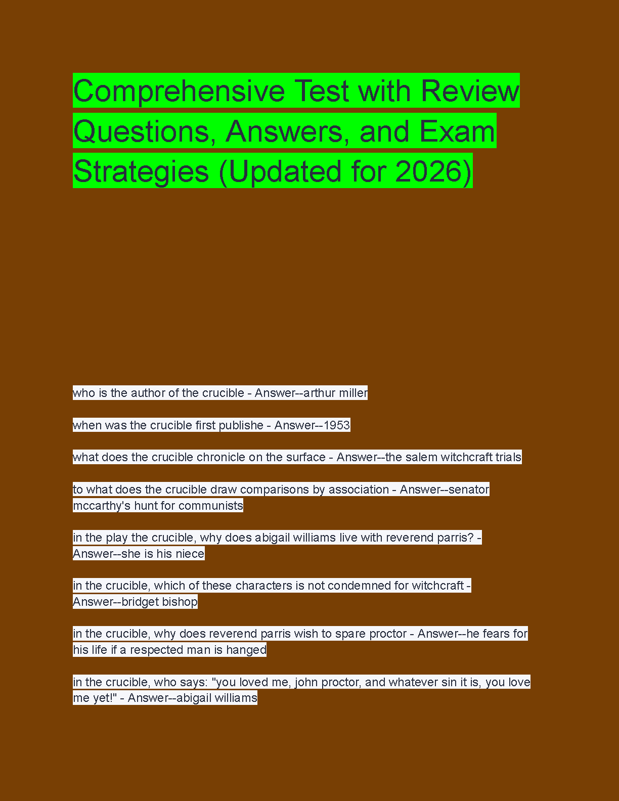 The Crucible by Arthur Miller Comprehensive Test Bank: Latest 2025/2026 Edition Study Guide – Ensure a First-Time Pass and Avoid Resits