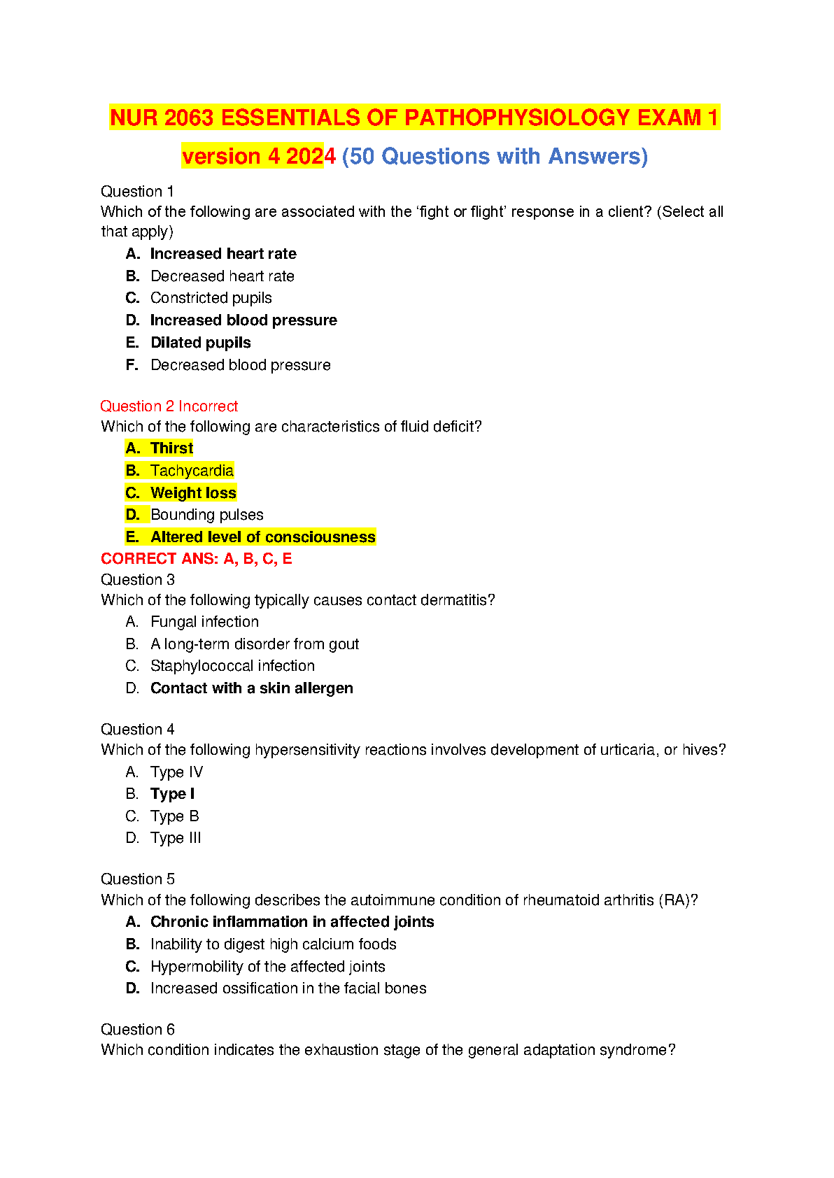 NUR 2063 Essentials of Pathophysiology Exam 1 Test Bank Porth & Matfin Verified Answers Guide