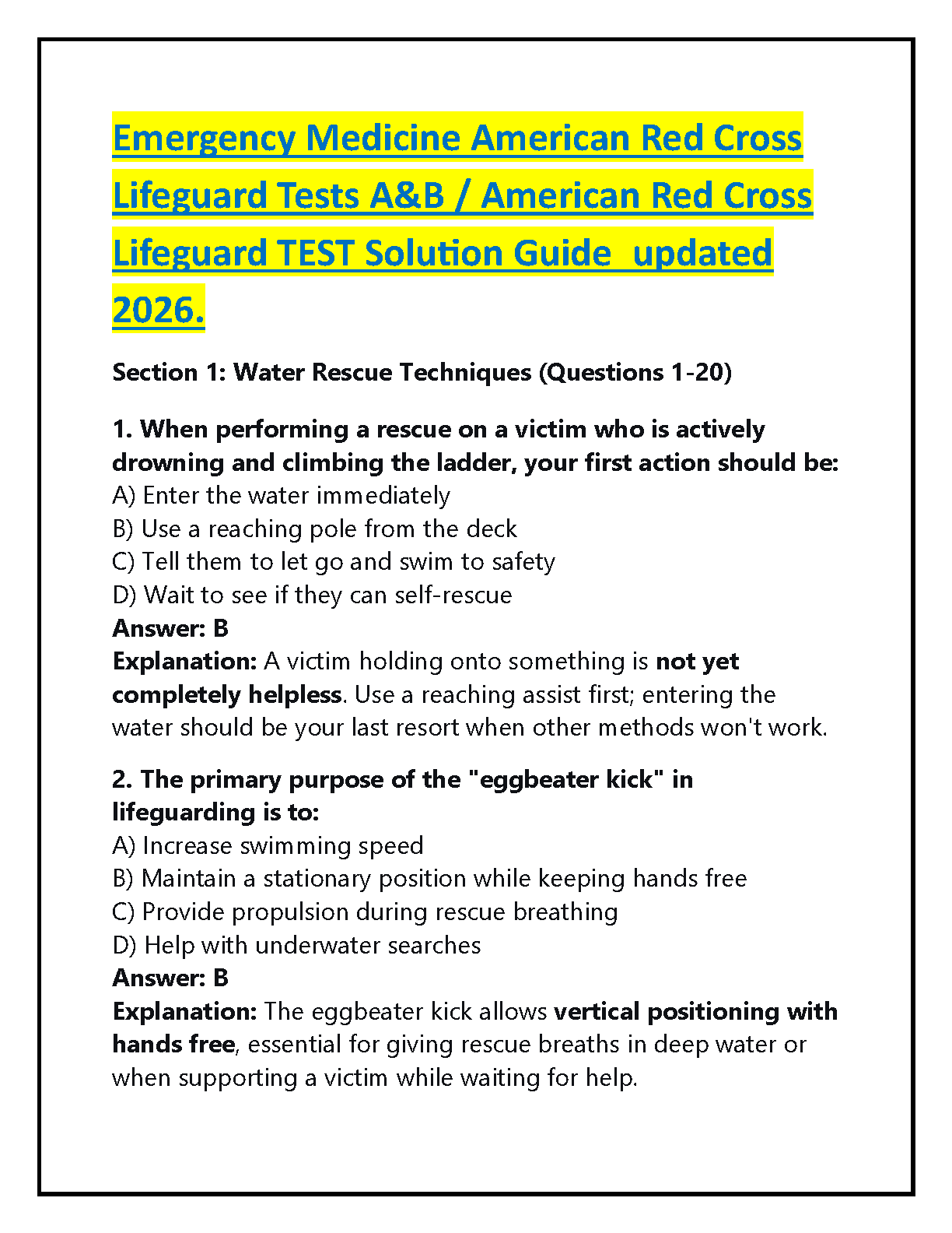 American Red Cross Lifeguarding Manual Test Bank 2026 (Tests A & B) by ...