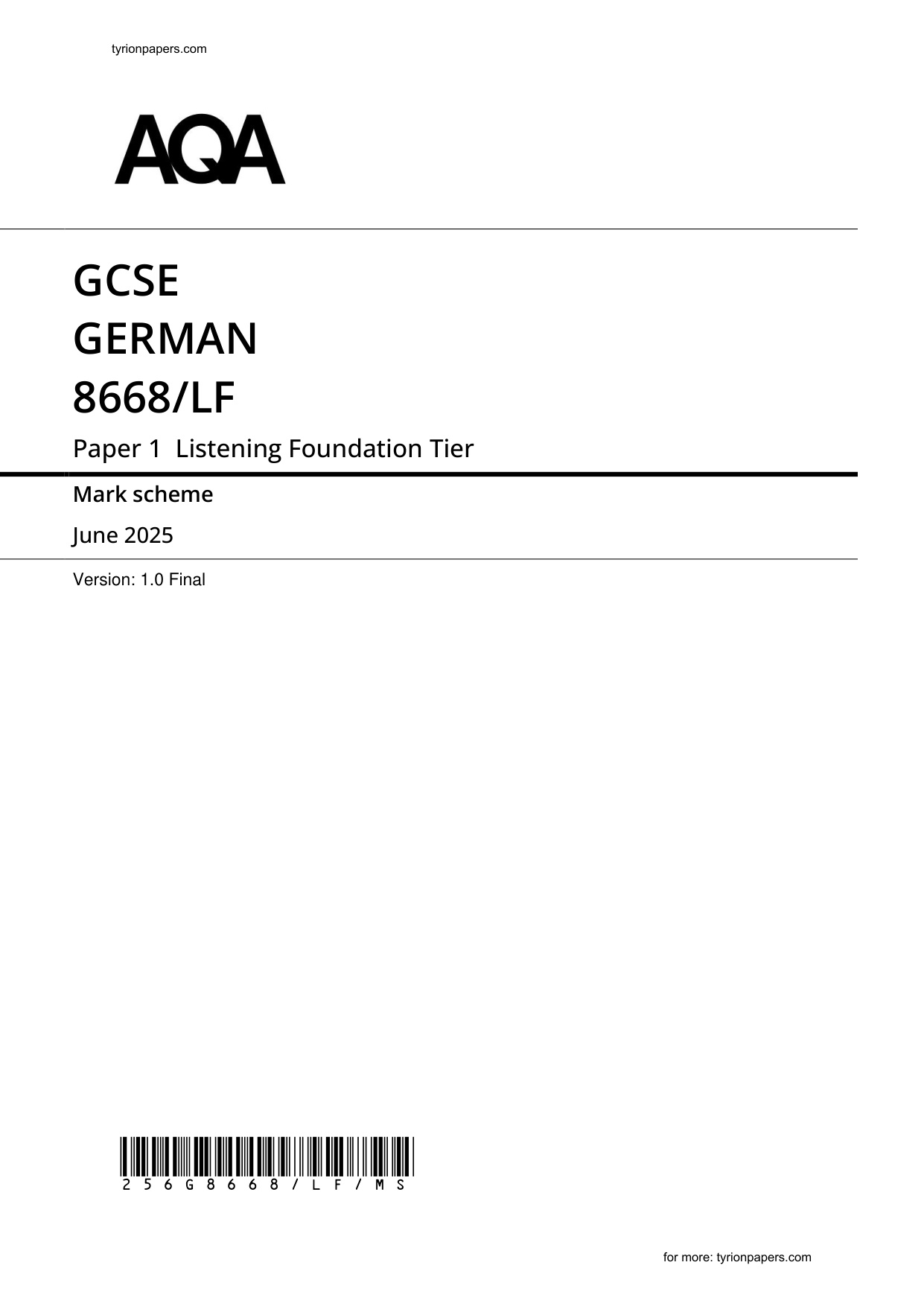 AQA GCSE German Paper 1F 2025 Listening Mark Scheme