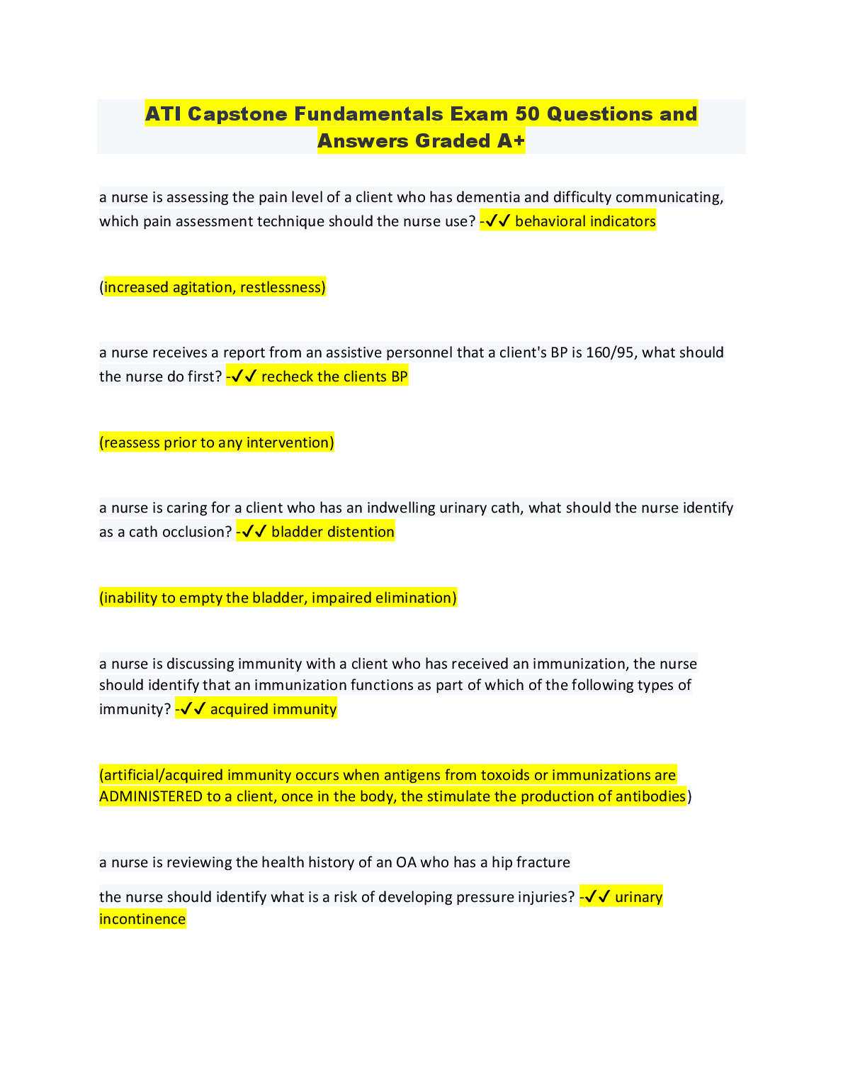 ATI Capstone Fundamentals Exam: 50 Graded A+ Questions and Answers for Nursing Students 2026/27
