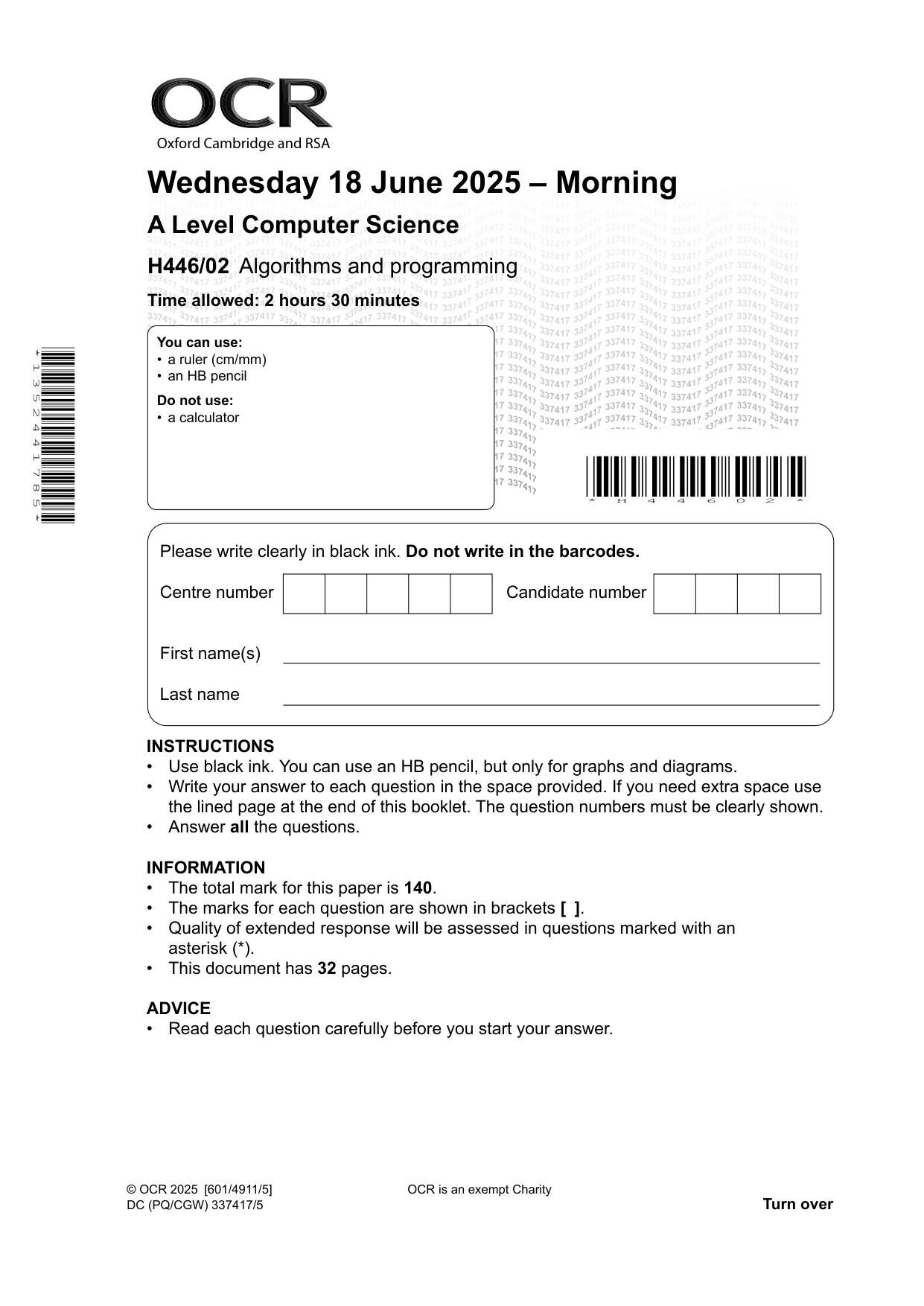 OCR A Level Computer Science Paper 2 Question Paper