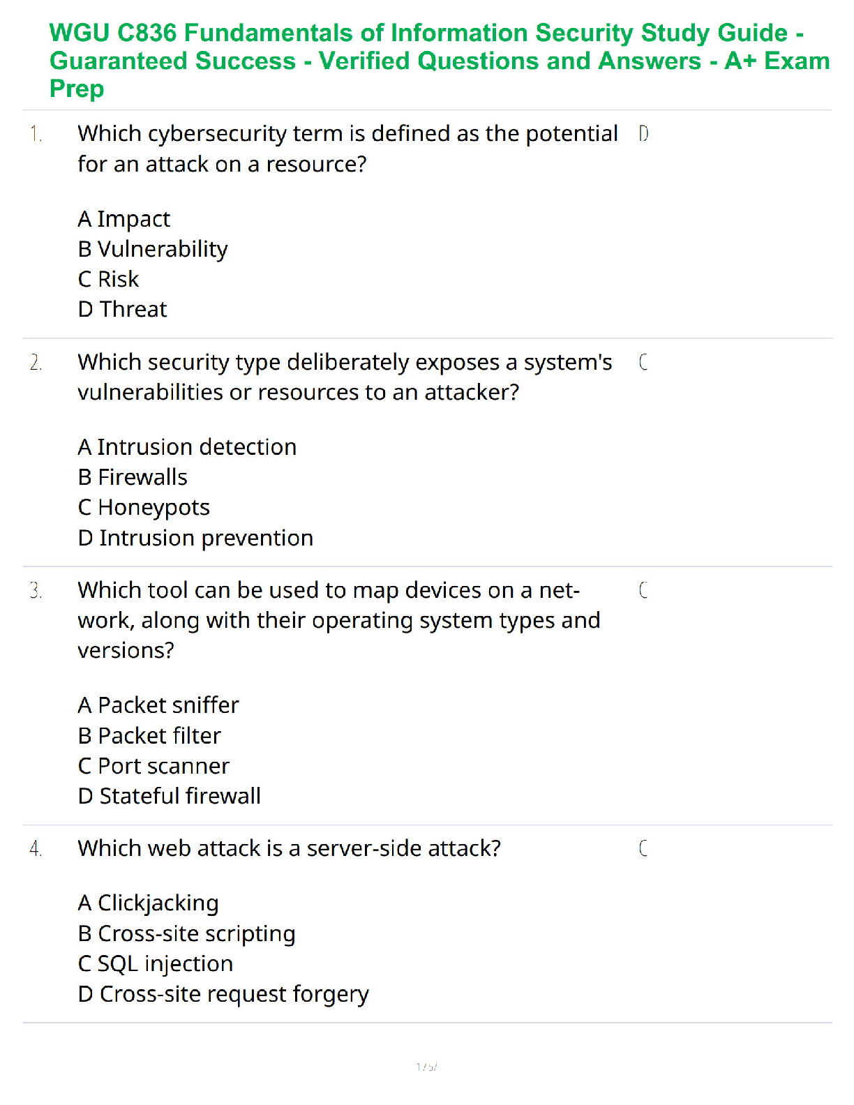WGU C836 Fundamentals of Information Security Study Guide for the 2026/2027 Academic Year with Verified Q&A